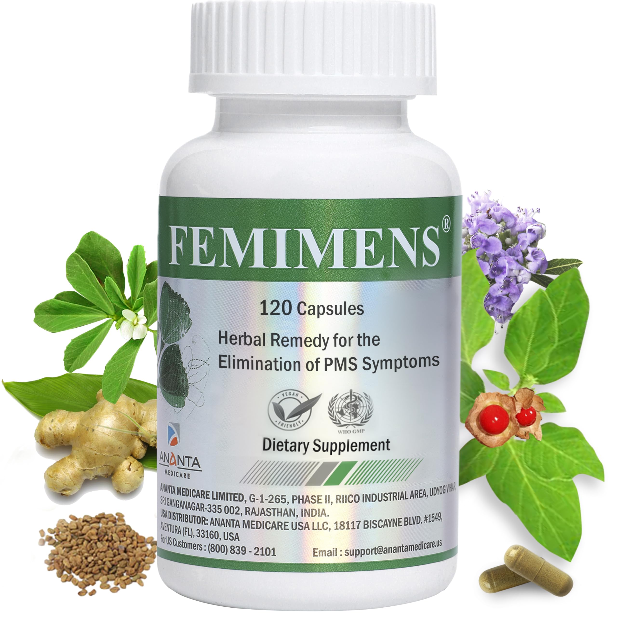 FEMIMENS – PMS Support Supplement for Women – PMS Relief for Women & Menstrual Cramp Relief – Hormonal Balance for Women – Chasteberry Vitex, Ashwagandha, Ginger, Fenugreek – 120 Vegan Capsules Ananta Medicare USA buy supplements canada