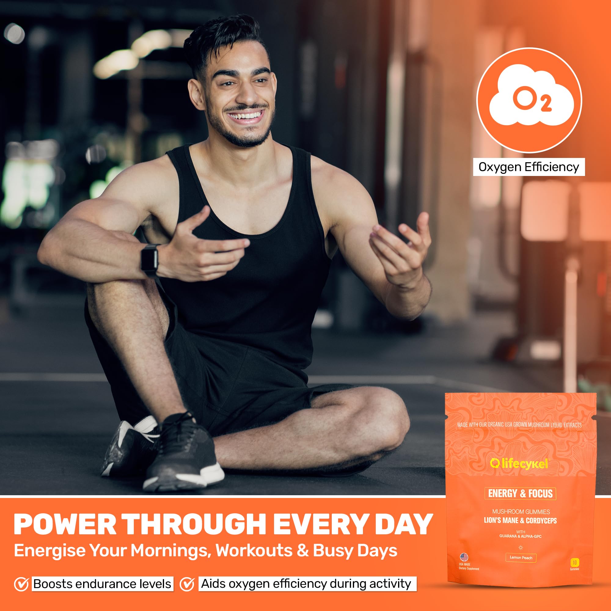 Life Cykel - AM Energy and Focus Mushroom Gummies, 10 Count - Organic Lion's Mane Gummies with Cordyceps, Guarana & Alpha GPC for Mental Clarity, Natural Energy, Endurance & Focus - Lemon Peach Flavor Life Cykel buy supplements canada