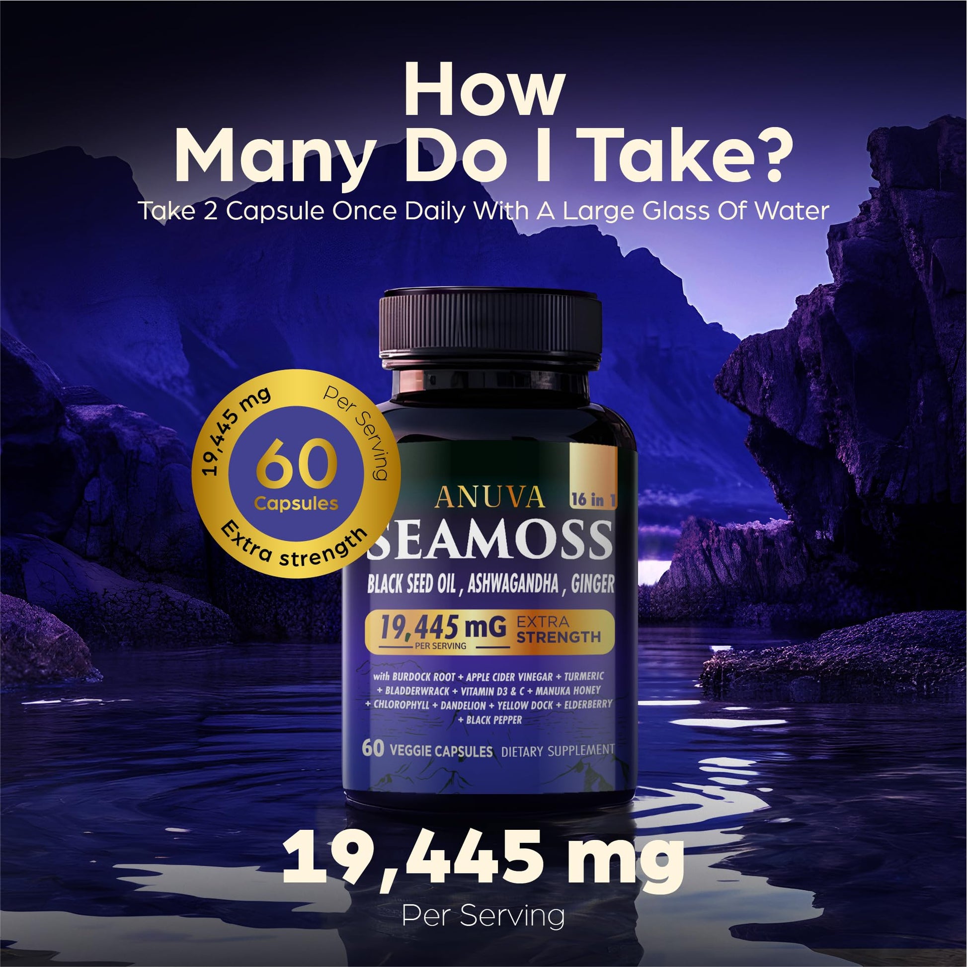 Anuva 16-in-1 Sea Moss Capsules | Black Seed Oil, Ashwagandha, with Vitamin C, D3, Turmeric, Burdock, Bladderwrack & Multi-Minerals | Immune, Skin, Joint & Energy Support | 60 Veggie Capsules Anuva buy supplements canada