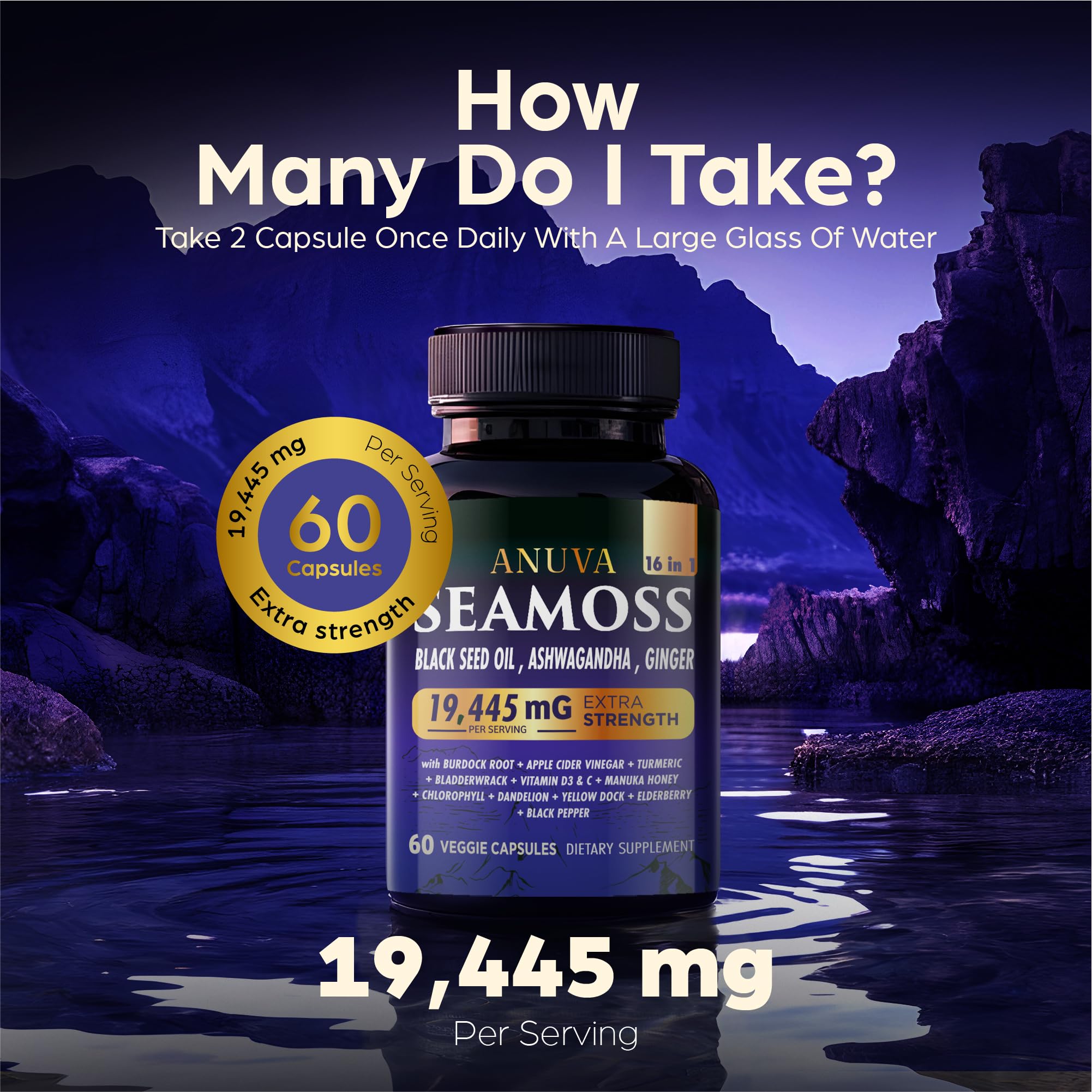 Anuva 16-in-1 Sea Moss Capsules | Black Seed Oil, Ashwagandha, with Vitamin C, D3, Turmeric, Burdock, Bladderwrack & Multi-Minerals | Immune, Skin, Joint & Energy Support | 60 Veggie Capsules Anuva buy supplements canada