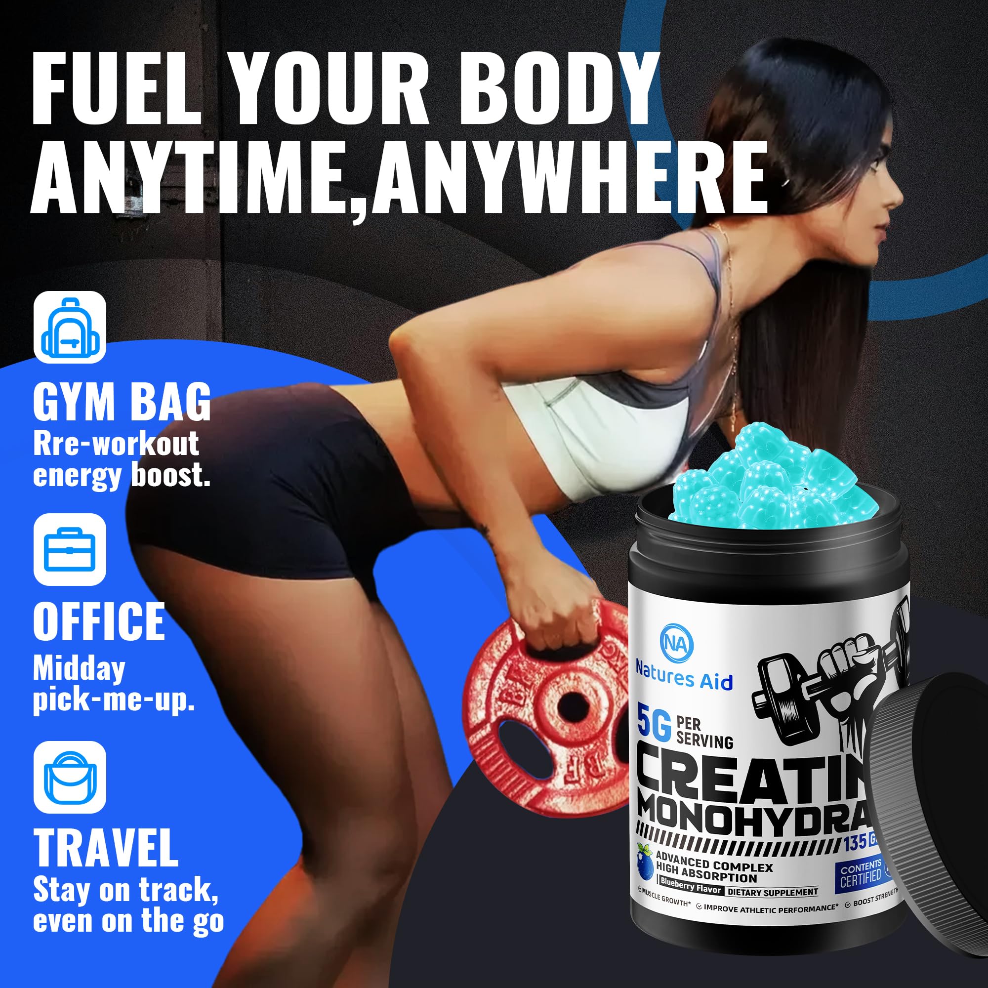 Natures Aid NSF Certified Creatine Gummy 5g - Creatine Monohydrate Gummies – Pre-Workout Energy & Muscle Growth Support for Men & Women Natures Aid buy supplements canada