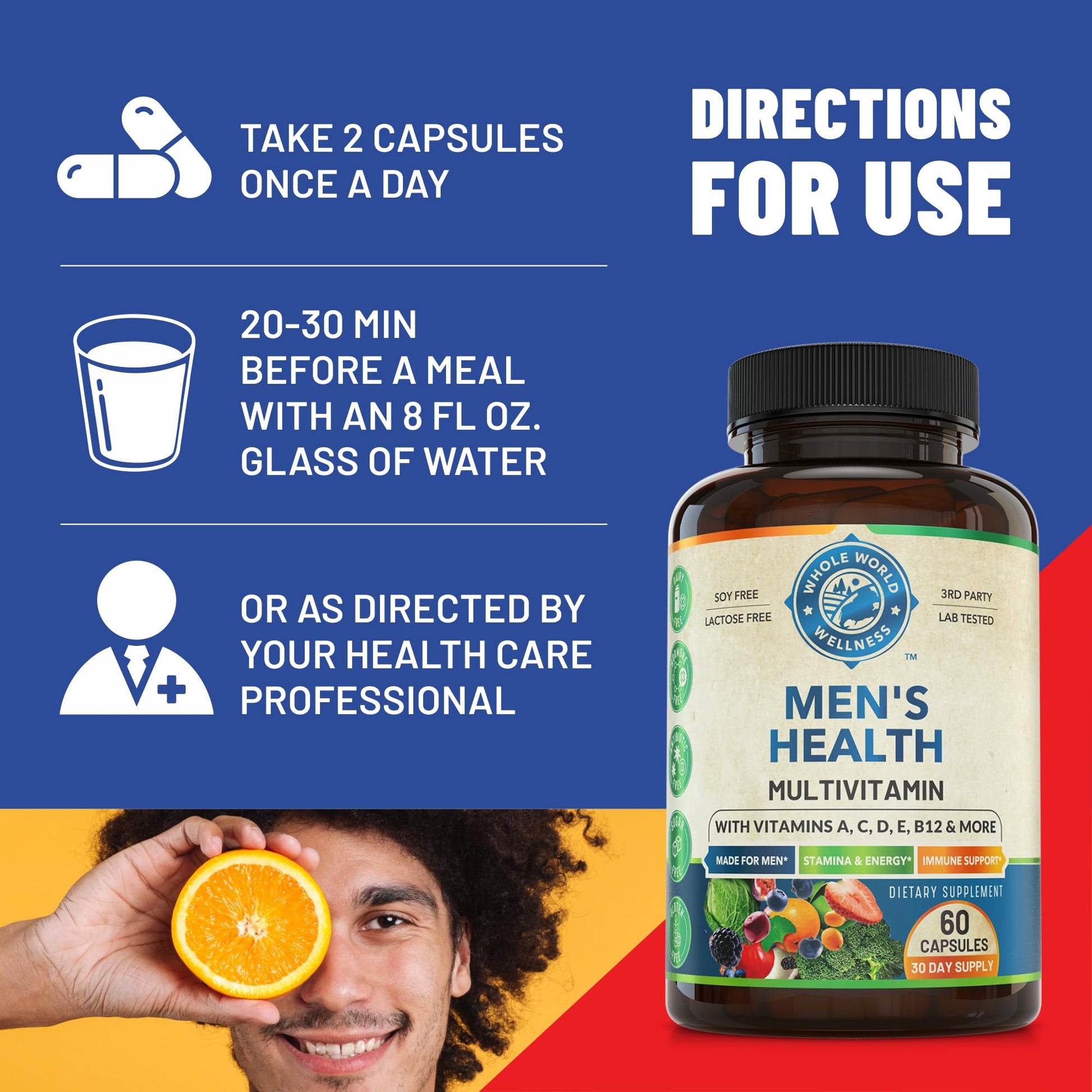Whole World Wellness Mens Daily Multivitamin Multimineral Supplement for Energy, Focus, Stamina & Performance. Made for Men with 30+ Nutrients, Fruit & Energy Blend. Mens Vitamins, Made in The USA. WHOLE WORLD WELLNESS buy supplements canada