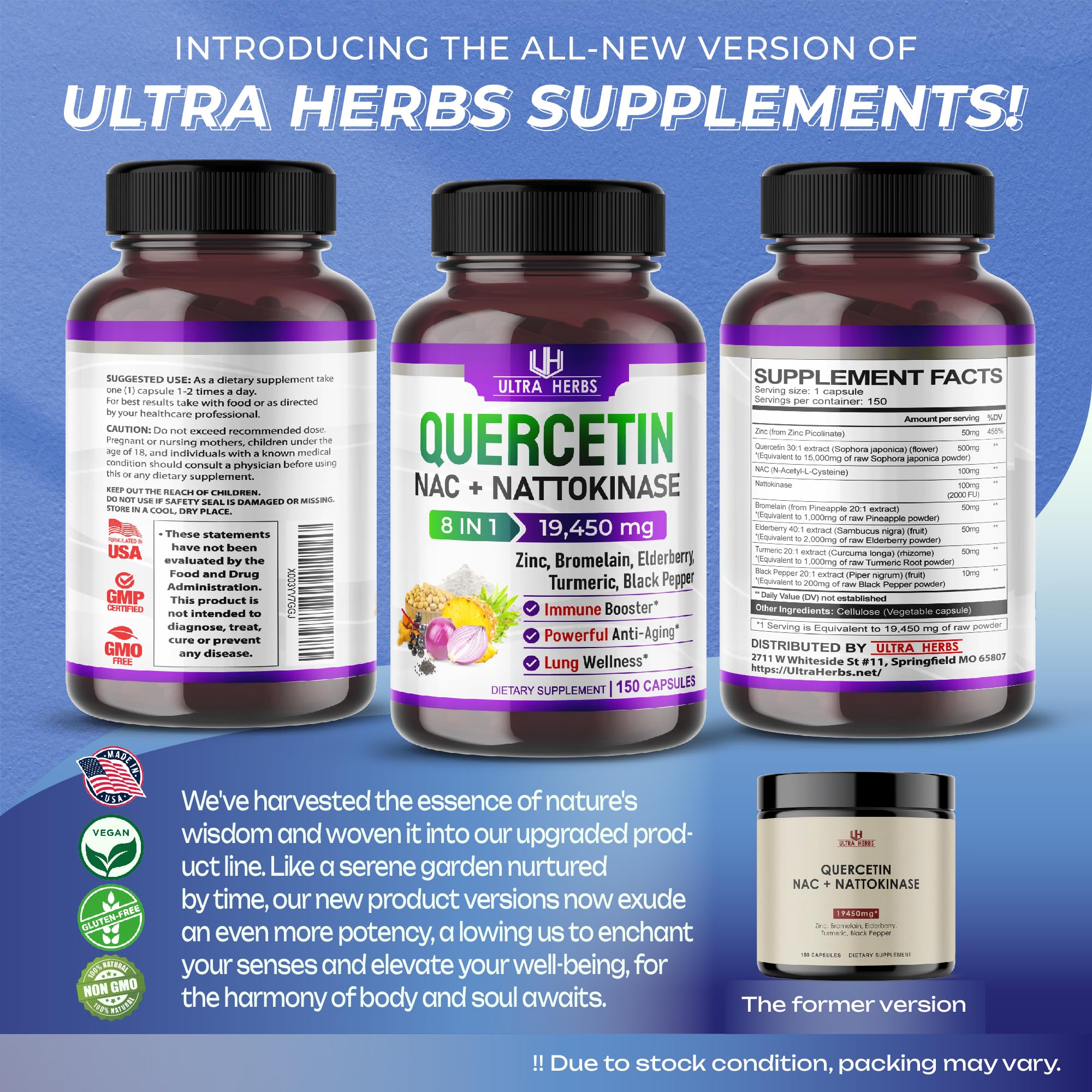 Quercetin 19,450mg 8 IN 1 with NAC, Nattokinase, Zinc, Bromelain, Elderberry, Turmeric ULTRA HERBS buy supplements canada