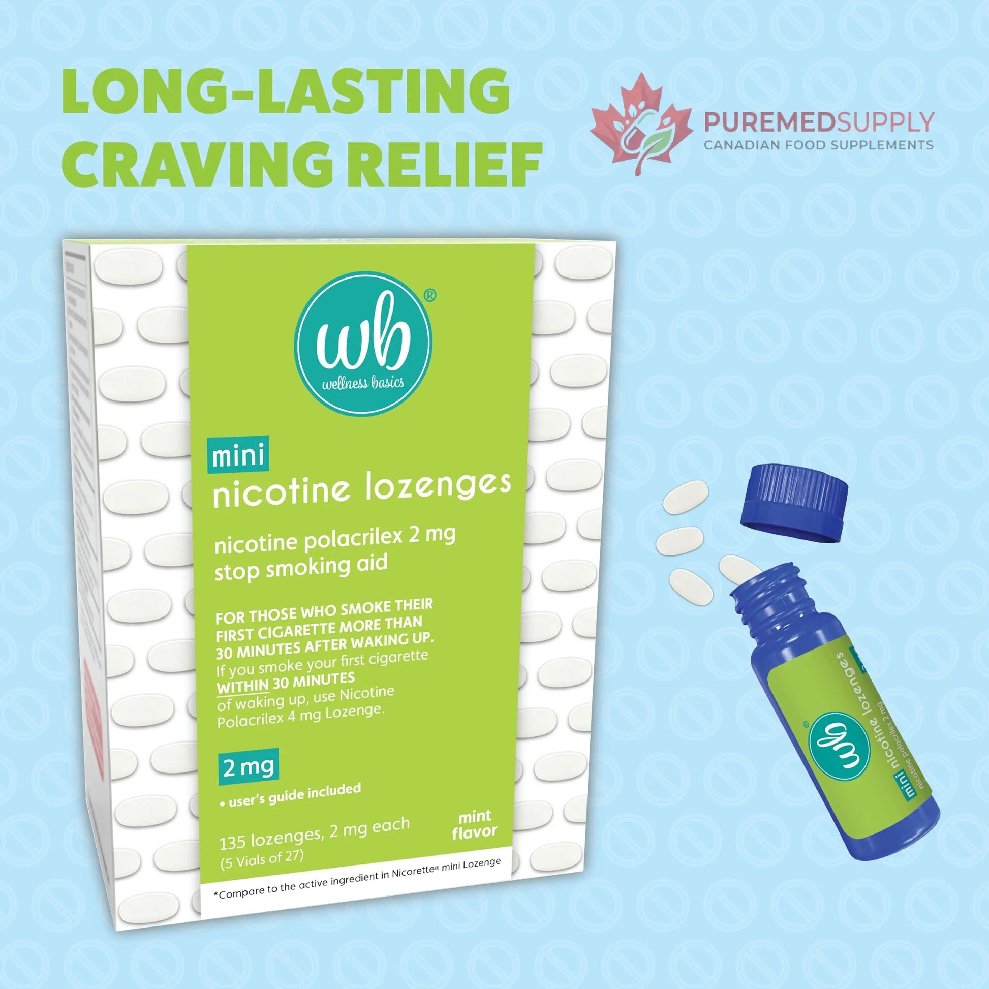 Wellness Basics Mini Nicotine Lozenge 2mg | Stop Smoking Aid | Mint Flavor | 135 Count | Pack of 5 Vials | Reduces Cravings & Withdrawal Symptoms Wellness Basics buy supplements canada