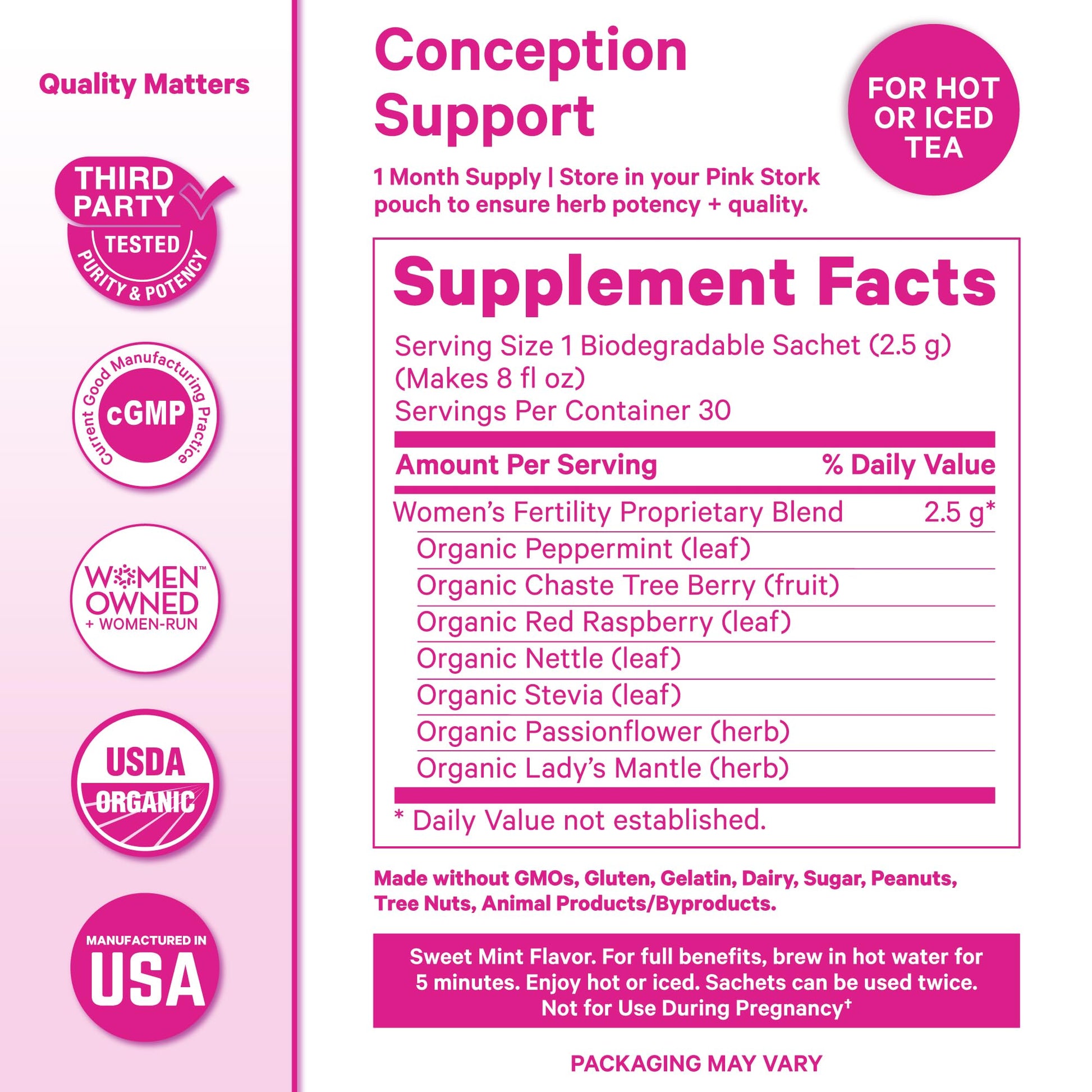 Pink Stork Organic Fertility Tea for Women | Fertility Supplements for Women with Chaste Tree Berry (Vitex) + Red Raspberry Leaf | Hormone Balance Herbal Tea for Conception Support | USDA Organic, Caffeine Free - Sweet Mint, 15 Sachets Pink Stork buy supplements canada