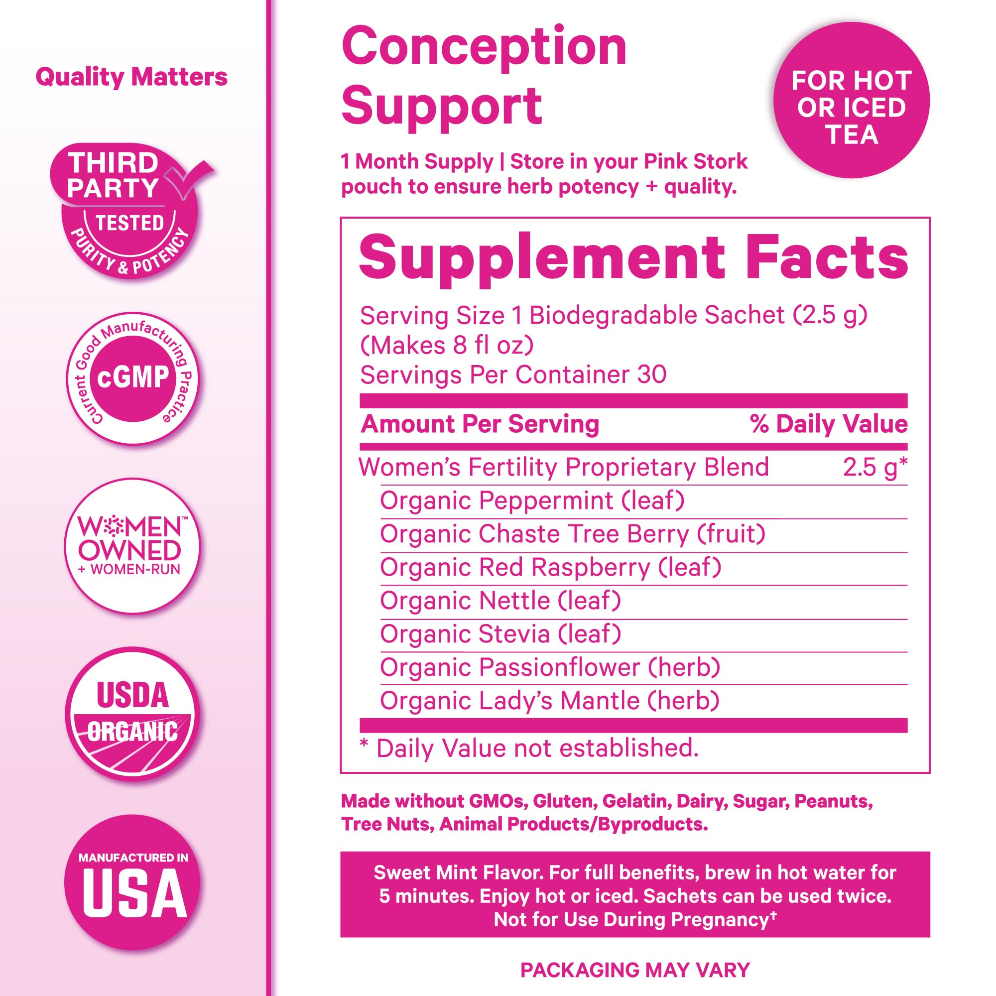Pink Stork Organic Fertility Tea for Women | Fertility Supplements for Women with Chaste Tree Berry (Vitex) + Red Raspberry Leaf | Hormone Balance Herbal Tea for Conception Support | USDA Organic, Caffeine Free - Sweet Mint, 15 Sachets Pink Stork buy supplements canada