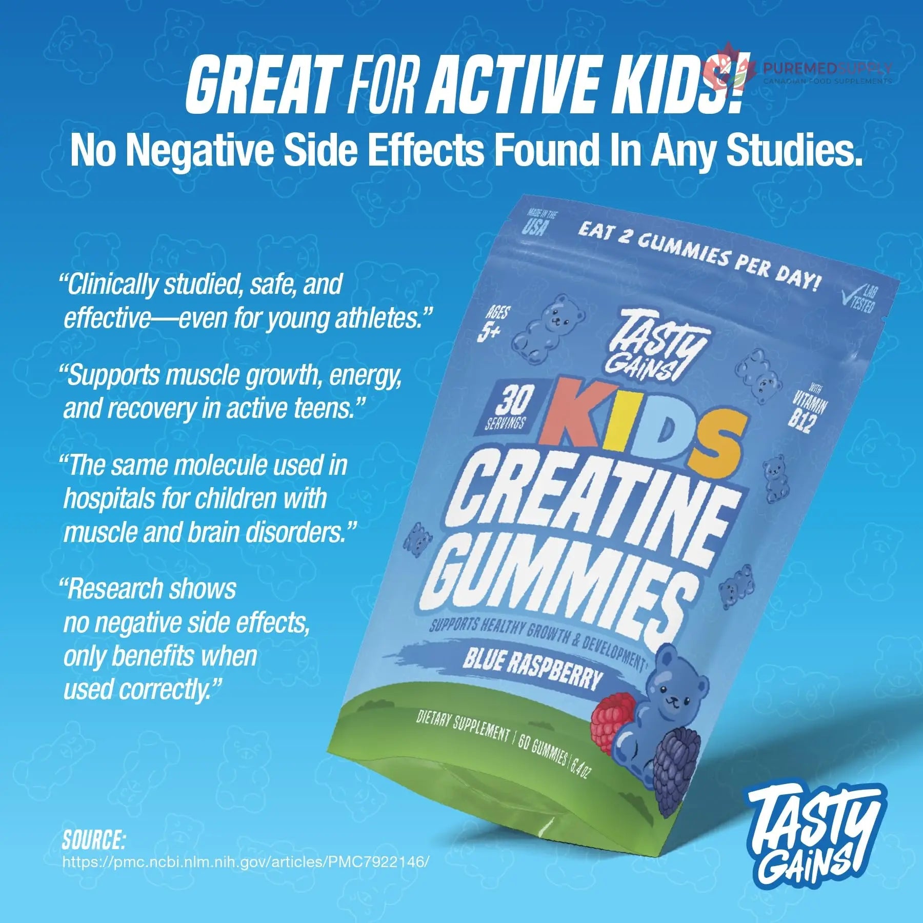 TASTY GAINS Kids & Teen Creatine Gummies with Vitamin B12 for Growth Support, Easy Chew Daily Supplement, Gummy Vitamins for Kids and Teens, Ages 5+ TASTY GAINS buy supplements canada