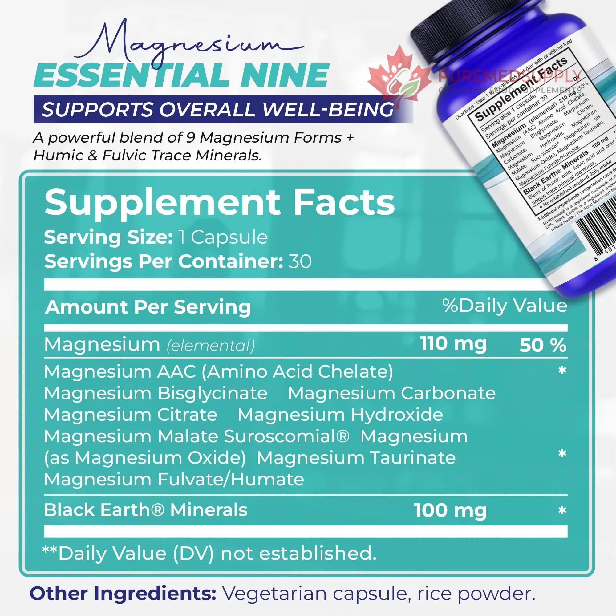 The Food Movement Co. Black Earth Magnesium Essential Nine - Vegan Capsules with Magnesium Glycinate, Citrate, Malate and More - 9 Bioactive Forms for Optimal Health (30 Count) THE FOOD MOVEMENT CO. buy supplements canada