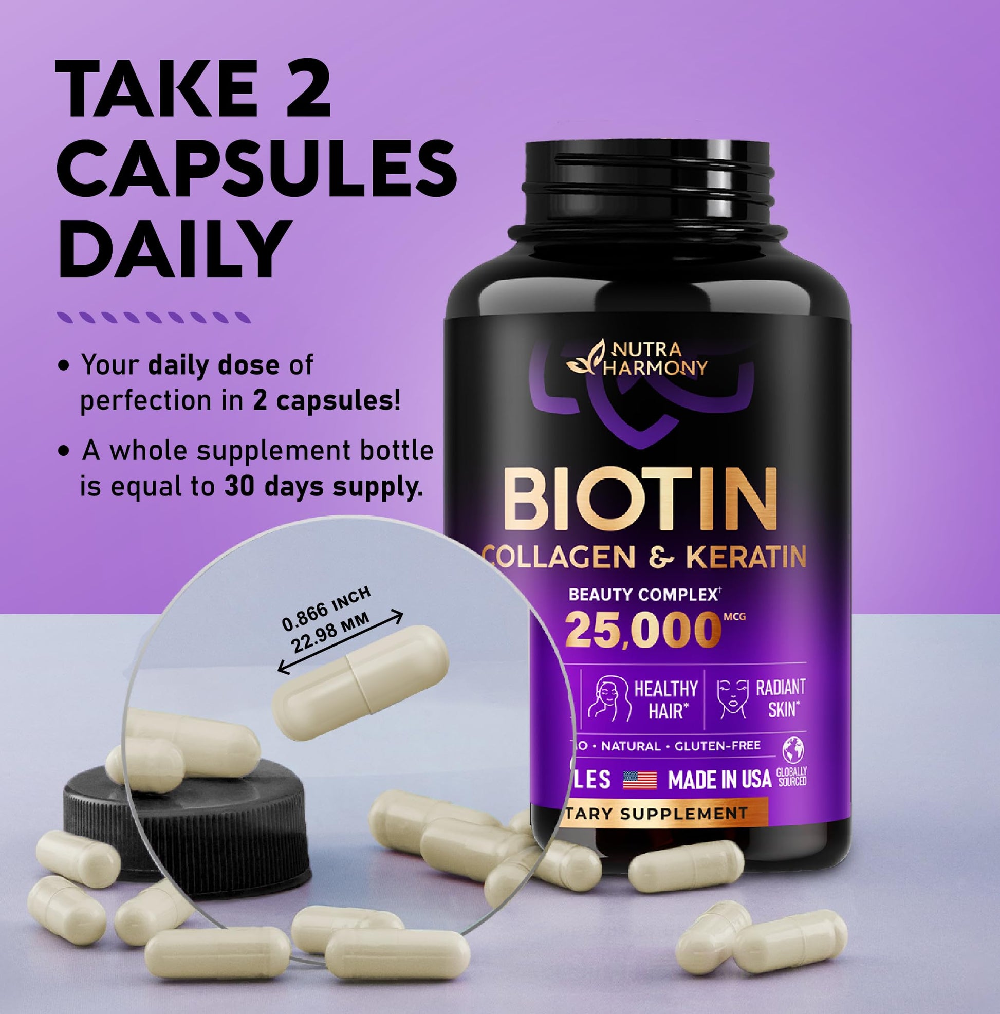Biotin | Collagen | Keratin | Hyaluronic Acid - Hair Growth Support Pills, 25000 mcg NUTRAHARMONY buy supplements canada