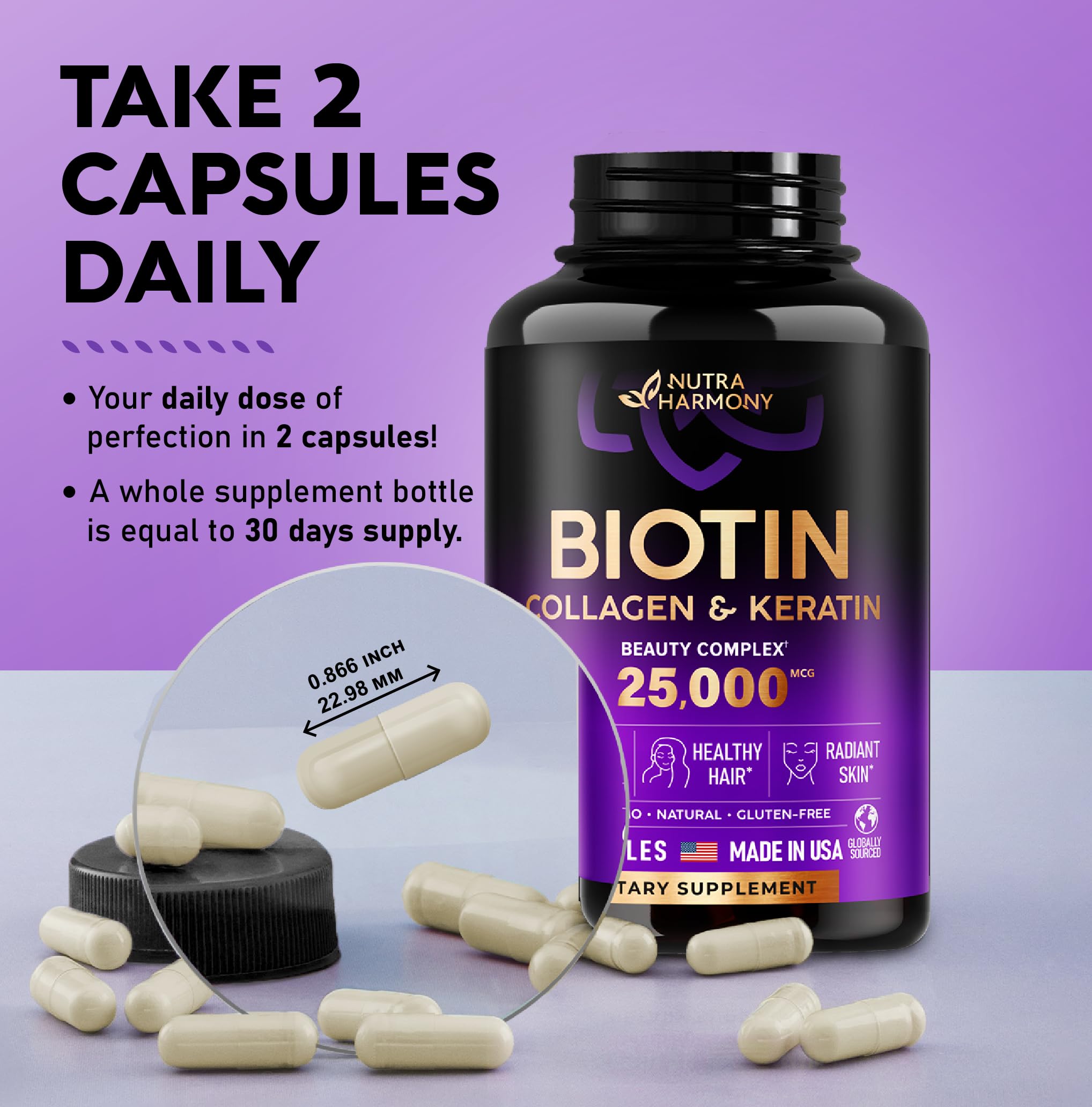 Biotin | Collagen | Keratin | Hyaluronic Acid - Hair Growth Support Pills, 25000 mcg NUTRAHARMONY buy supplements canada