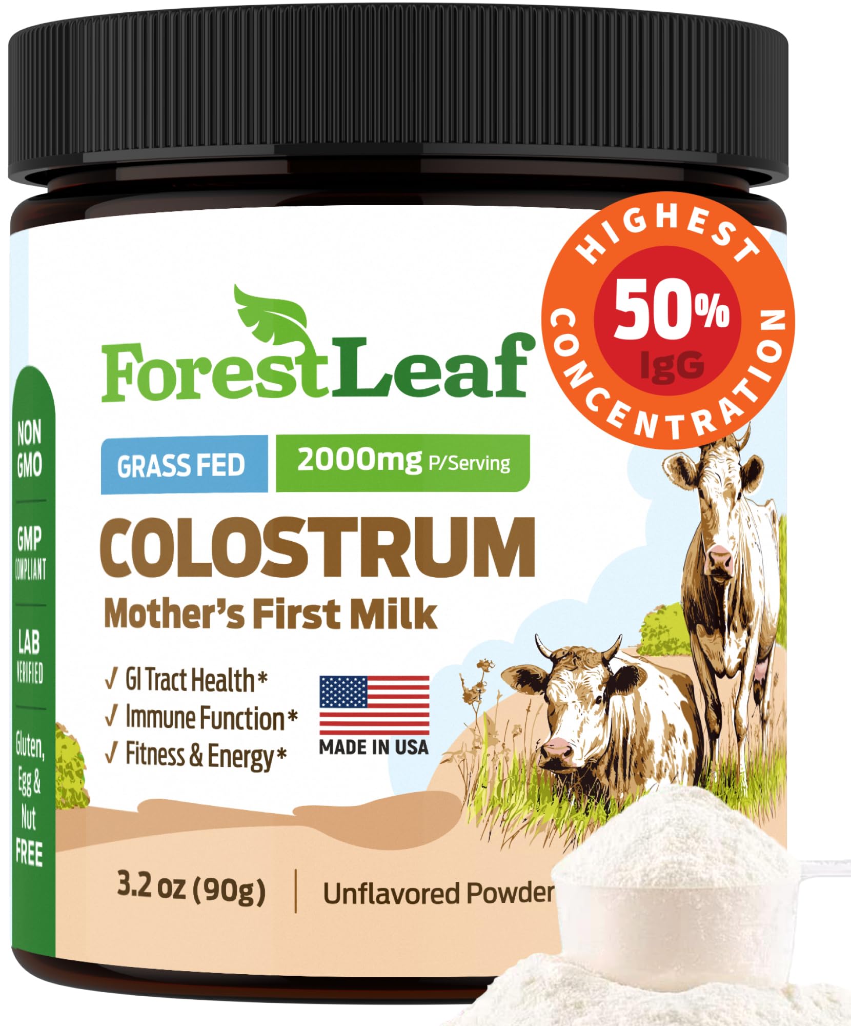 ForestLeaf Colostrum Powder 50% IgG Highest Pure Concentration, Grass Fed Colostrum Supplement for Gut Health, Immune Support and Muscle Recovery, Bovine Colostrum for Humans, Unflavored, 45 Servings ForestLeaf buy supplements canada