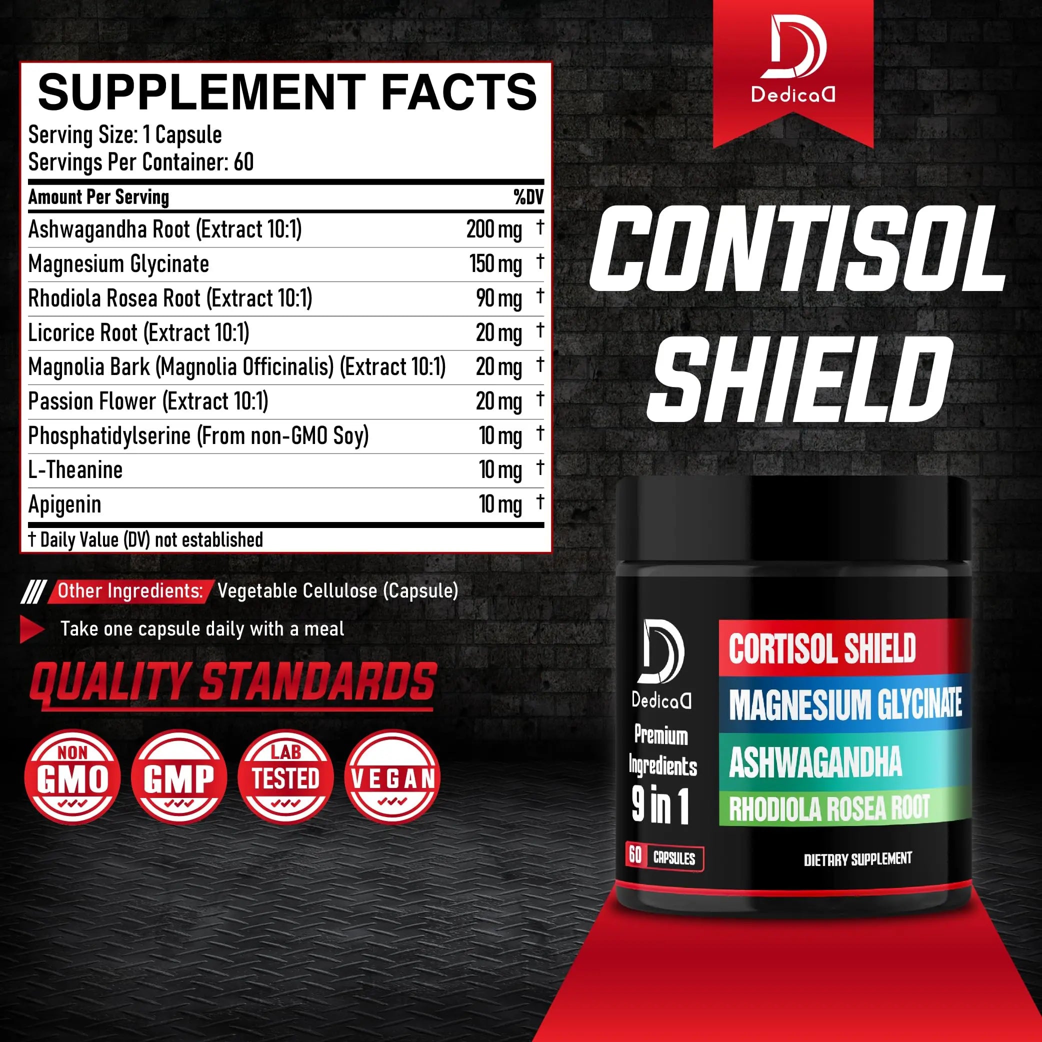 DEDICAD 9in1 Cortisol Shield - Magnesium Glycinate & Ashwagandha with Rhodiola, Phosphatidylserine, Passion Flower, L-Theanine, Apigenin, Licorice, Magnolia - Rest Well & Mood Balance - 60 Count DEDICAD buy supplements canada
