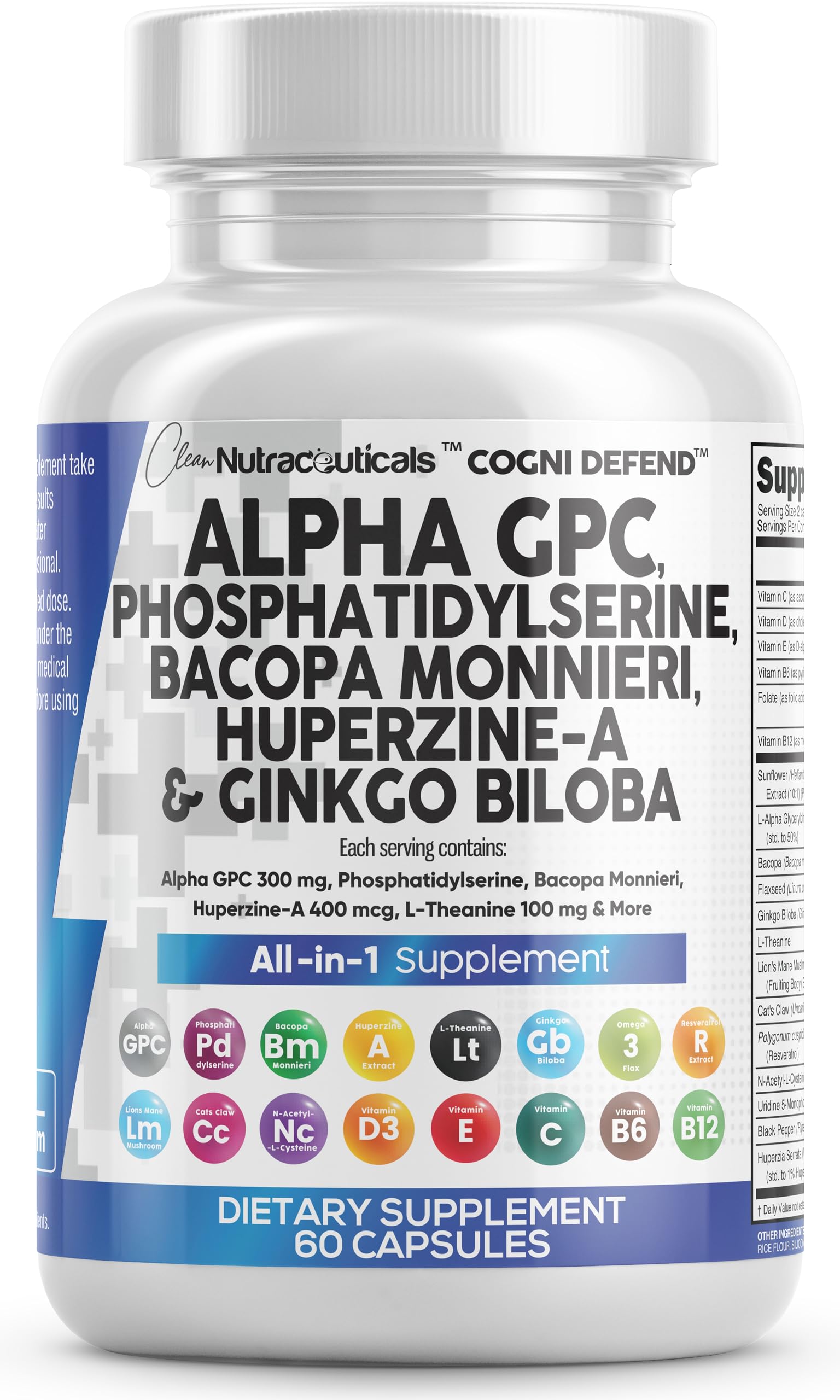 Brain Supplement Alpha GPC 300mg Phosphatidylserine Bacopa Monnieri Ginkgo Biloba Lions Mane Huperzine A L-Theanine NAC Nootropic Memory Focus Cognitive Support Vitamins B C D E 60 Capsules USA Clean Nutraceuticals buy supplements canada