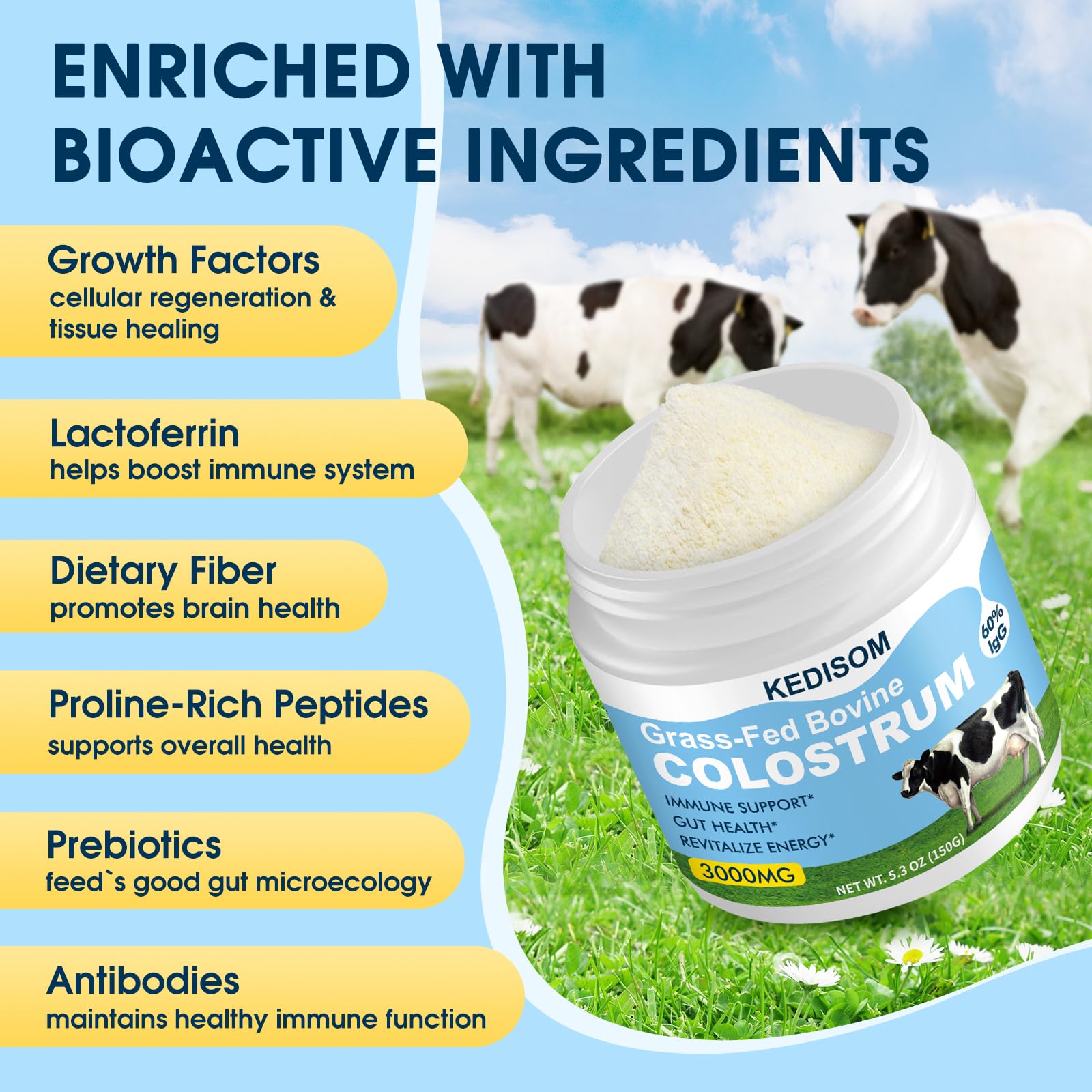 KEDISOM Grass-Fed Bovine Colostrum Supplement Powder - 60% High IgG 3000 mg for Gut Health, Immune Support - Easy to Mix Natural Liposomal Colostrum Superfood, Unflavored, 50 Servings KEDISOM buy supplements canada
