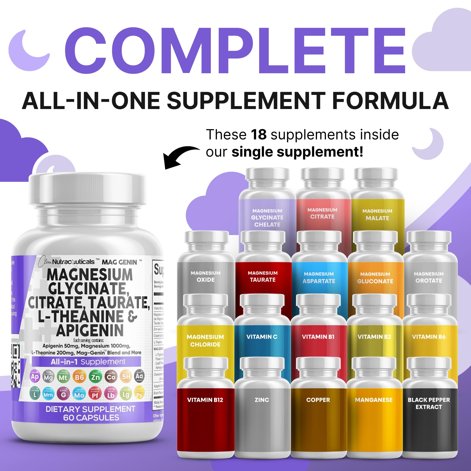 Clean Nutraceuticals Magnesium Glycinate Complex 1000mg with L-Theanine 200mg Apigenin 50mg Citrate Taurate Supplement - 5-HTP GABA Passion Flower Lemon Balm L-Glycine Phosphatidylserine - 60 Count Clean Nutraceuticals buy supplements canada
