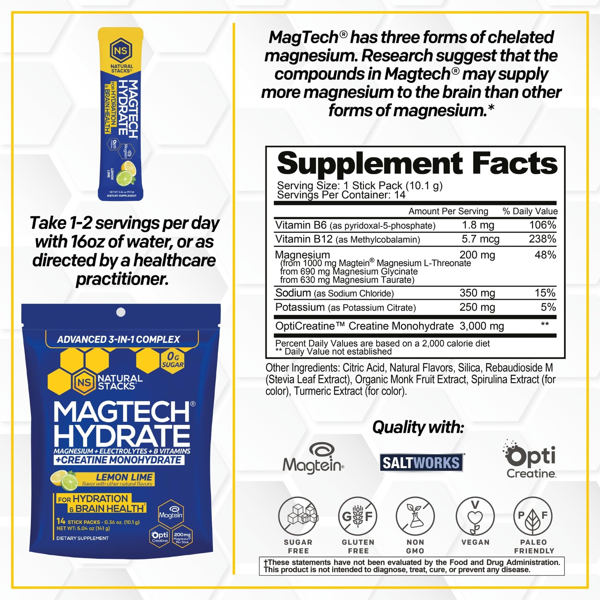 NATURAL STACKS Magtech Magnesium Hydrate + Creatine - Sugar Free Electrolyte Drink - Magtein Magnesium L-Threonate, Glycinate & Taurate - Supports Hydration & Cellular Energy - 14 Hydration Packets NATURAL STACKS buy supplements canada
