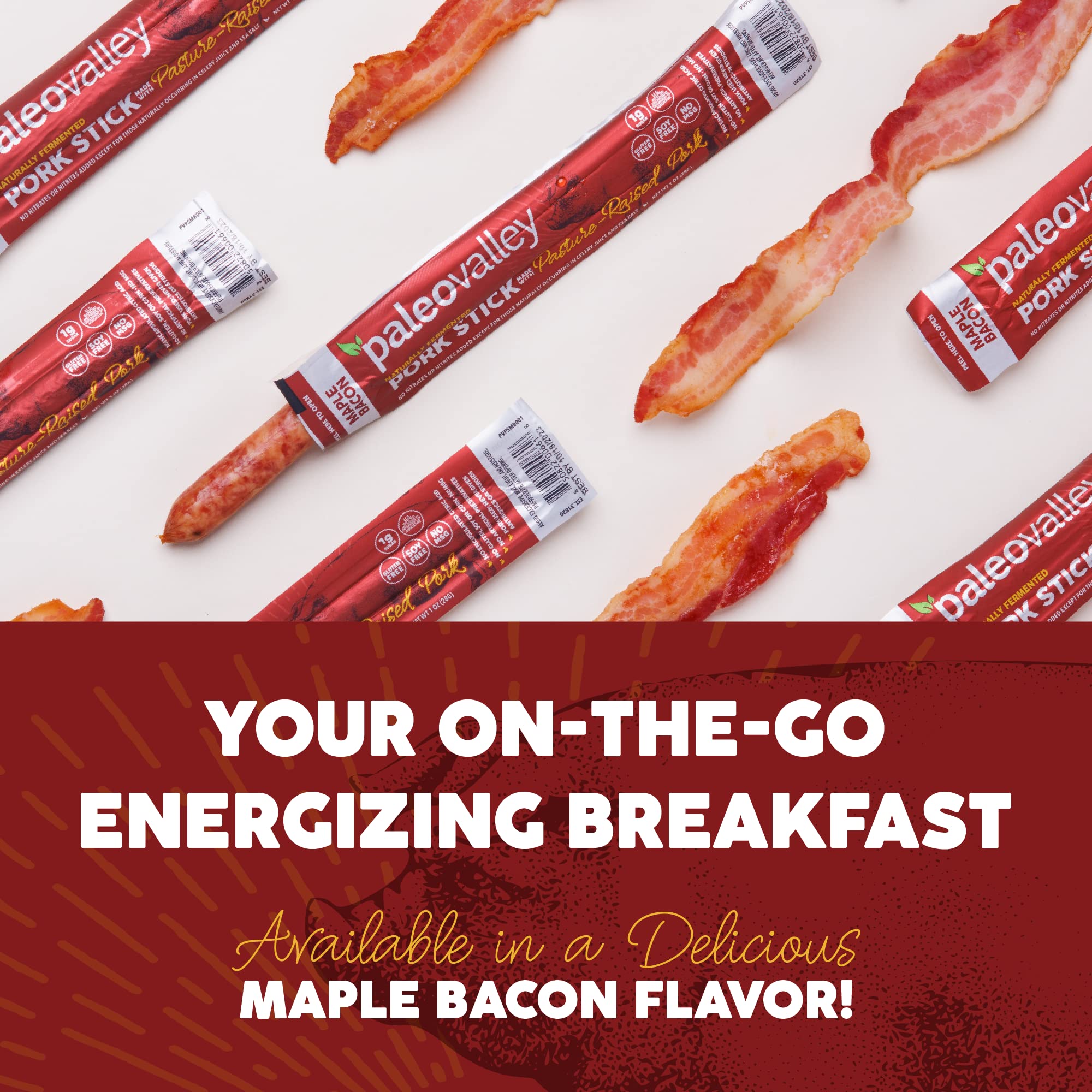 Paleovalley Pasture-Raised Pork Sticks - Maple Bacon Flavor Meat Sticks Individually Wrapped, 28g - 10 Sticks - Gluten-Free Protein Snack Paleovalley buy supplements canada