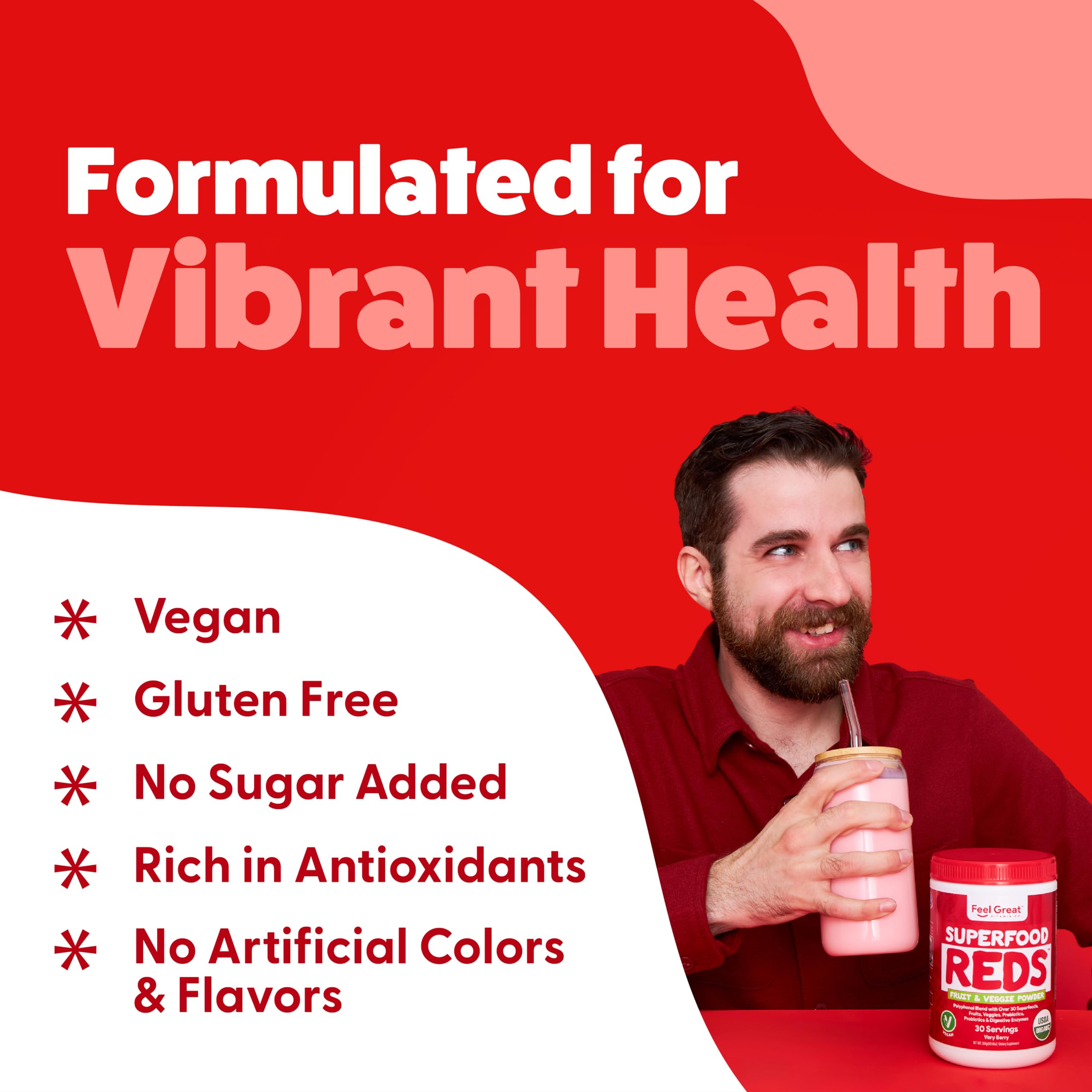 Feel Great Organic Superfood Reds Powder Packed with Beet Root Powder | Digestive Support Including Bloating Relief | Fruit and Veggie Polyphenols Supplement. The Feel Great Vitamin Company buy supplements canada