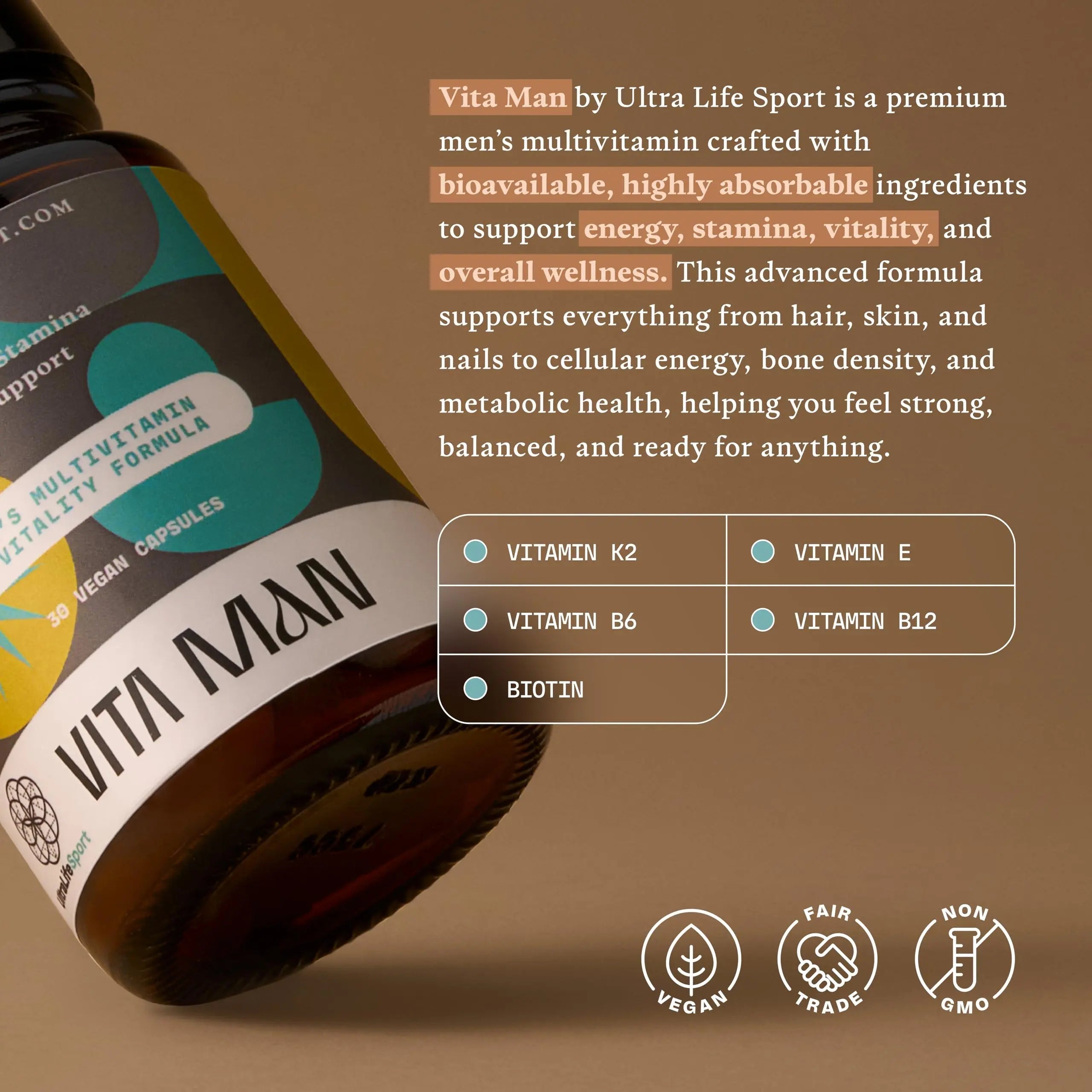 Ultra Life Sport - VITA Man Premium Men's Multivitamin - 30 Capsule Daily Vitamins for Men with Vitamin E, K2 MK-7, and B Vitamins for Maximum Absorption Ultra Life Sport buy supplements canada