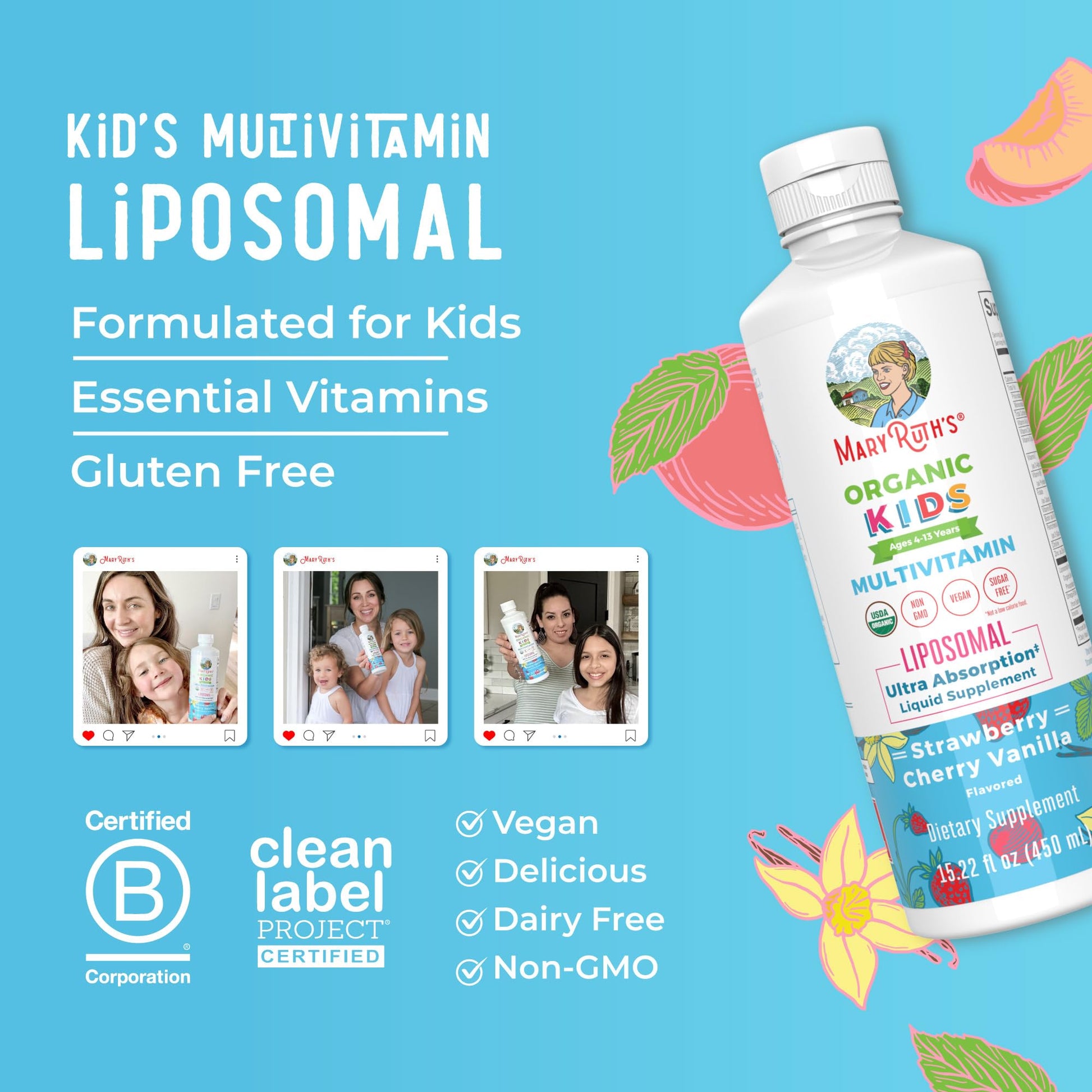 MaryRuth Organics Kids Multivitamin Liposomal | Vegan, Sugar-Free Vitamins for Kids | Ages 4+ | 2 Month Supply | 15.22 Fl Oz MARYRUTH'S buy supplements canada