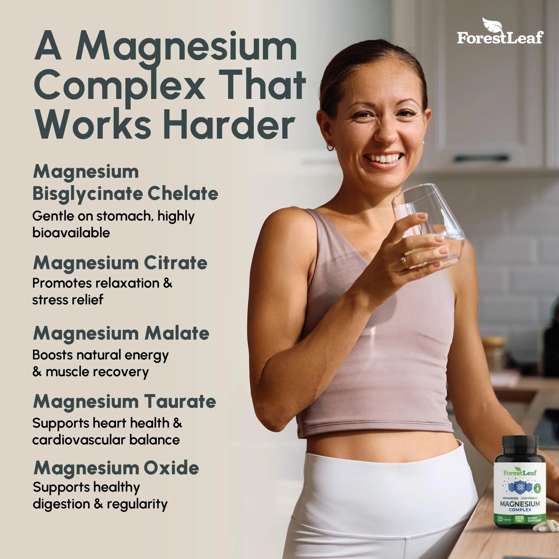 ForestLeaf Magnesium Complex for Women and Men - 500mg Magnesium Supplement for Sleep - 5-in-1 Chelated Magnesium Citrate, Bisglycinate, Malate, Taurate, Oxide (120 Ct) ForestLeaf buy supplements canada