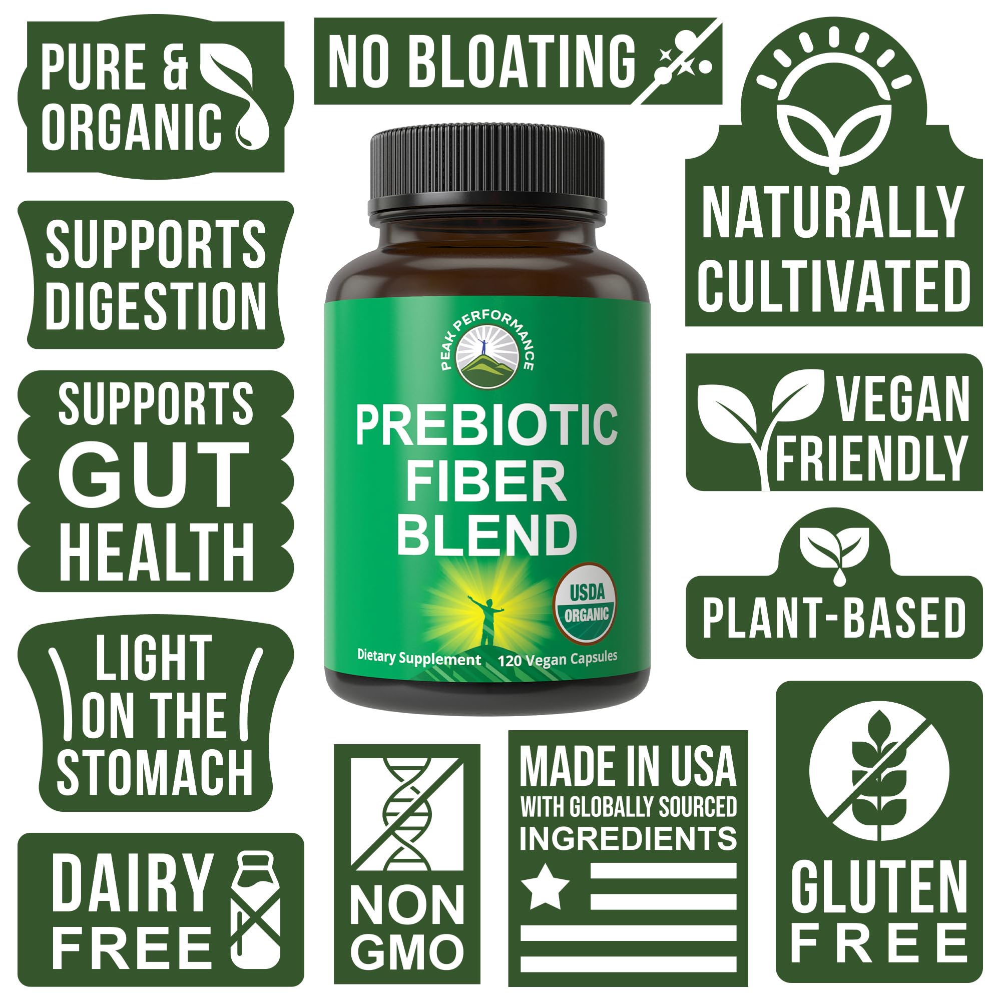 USDA Organic 3-in-1 Prebiotic Fiber - Vegan Capsules for Gut, Digestive Health. Raw Whole Food Plant Based Prebiotics Pills Supplement with Inulin (Jerusalem Artichoke), Acacia Fibers, SunFiber Peak Performance buy supplements canada