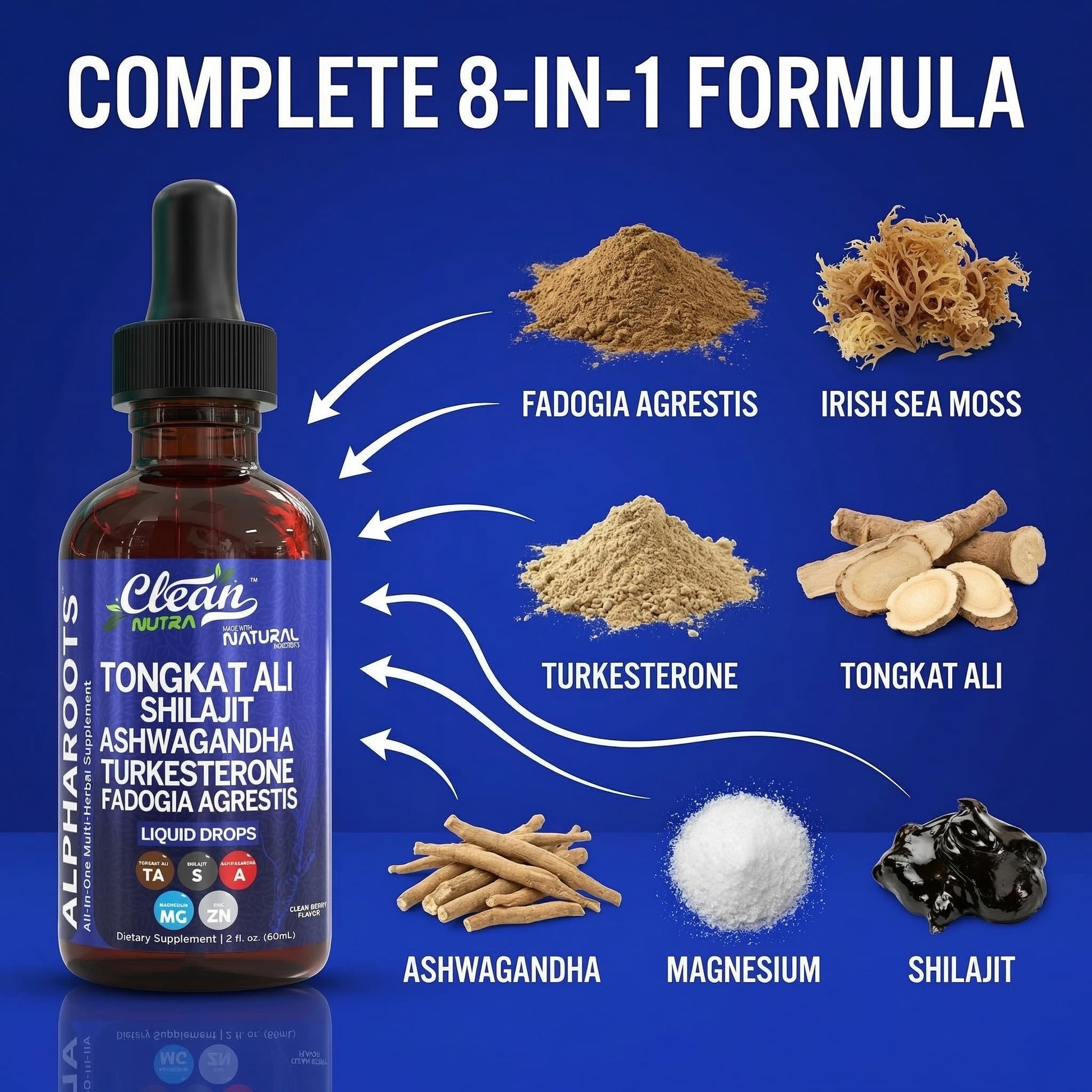 Tongkat Ali Liquid Drops Shilajit, Ashwagandha, Turkesterone, Fadogia Agrestis, Magnesium, Irish Sea Moss, and Zinc Herbal Supplement by Clean Nutra Clean Nutraceuticals buy supplements canada