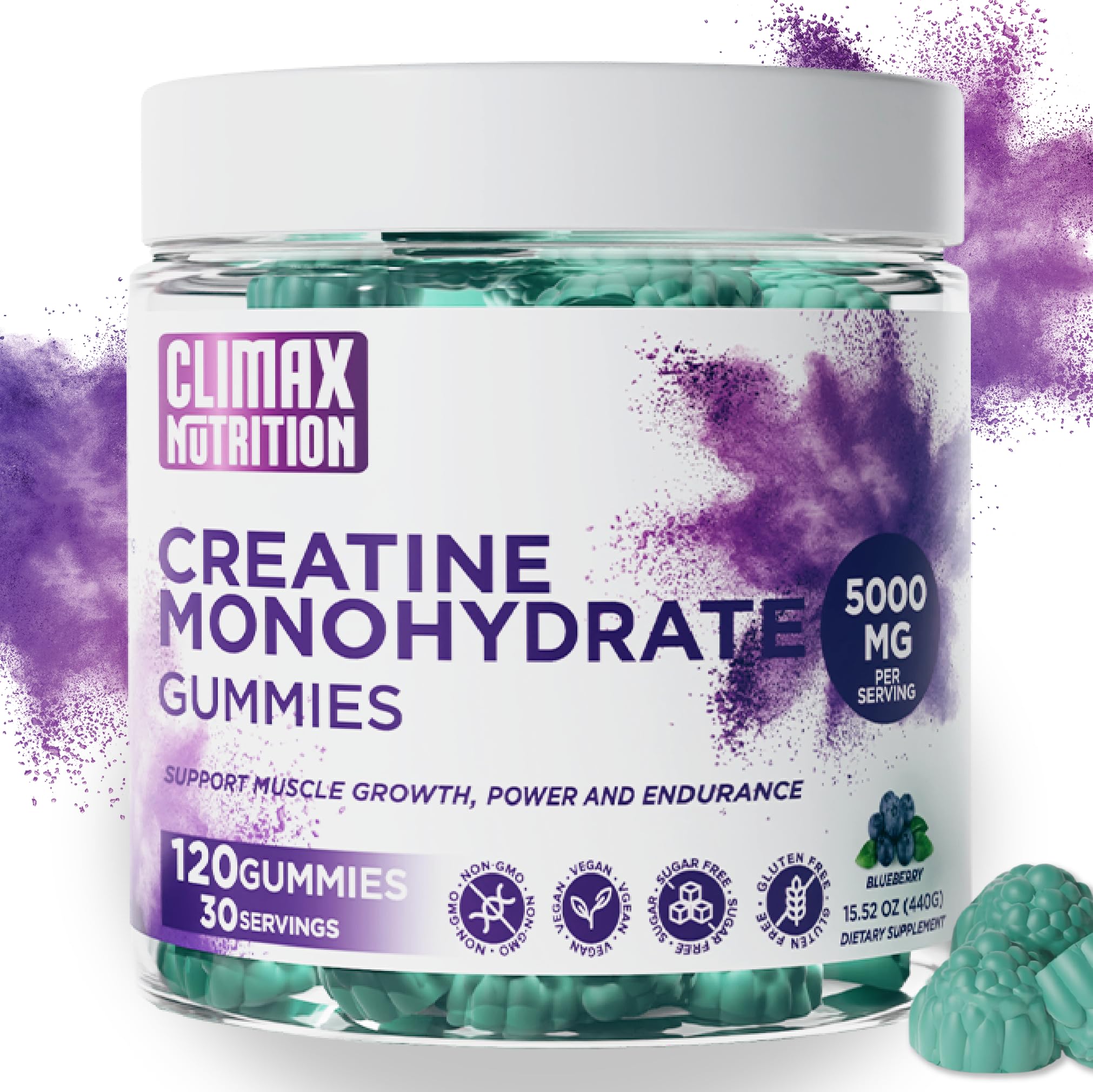 Creatine Monohydrate Gummies - Vegan, Sugar-Free, Gluten-Free - Boosts Muscle Recovery, Strength & Lean Muscle Growth - Brain Health Support - for Men & Women - Blueberry Flavor - 120 Gummies CLIMAX NUTRITION buy supplements canada