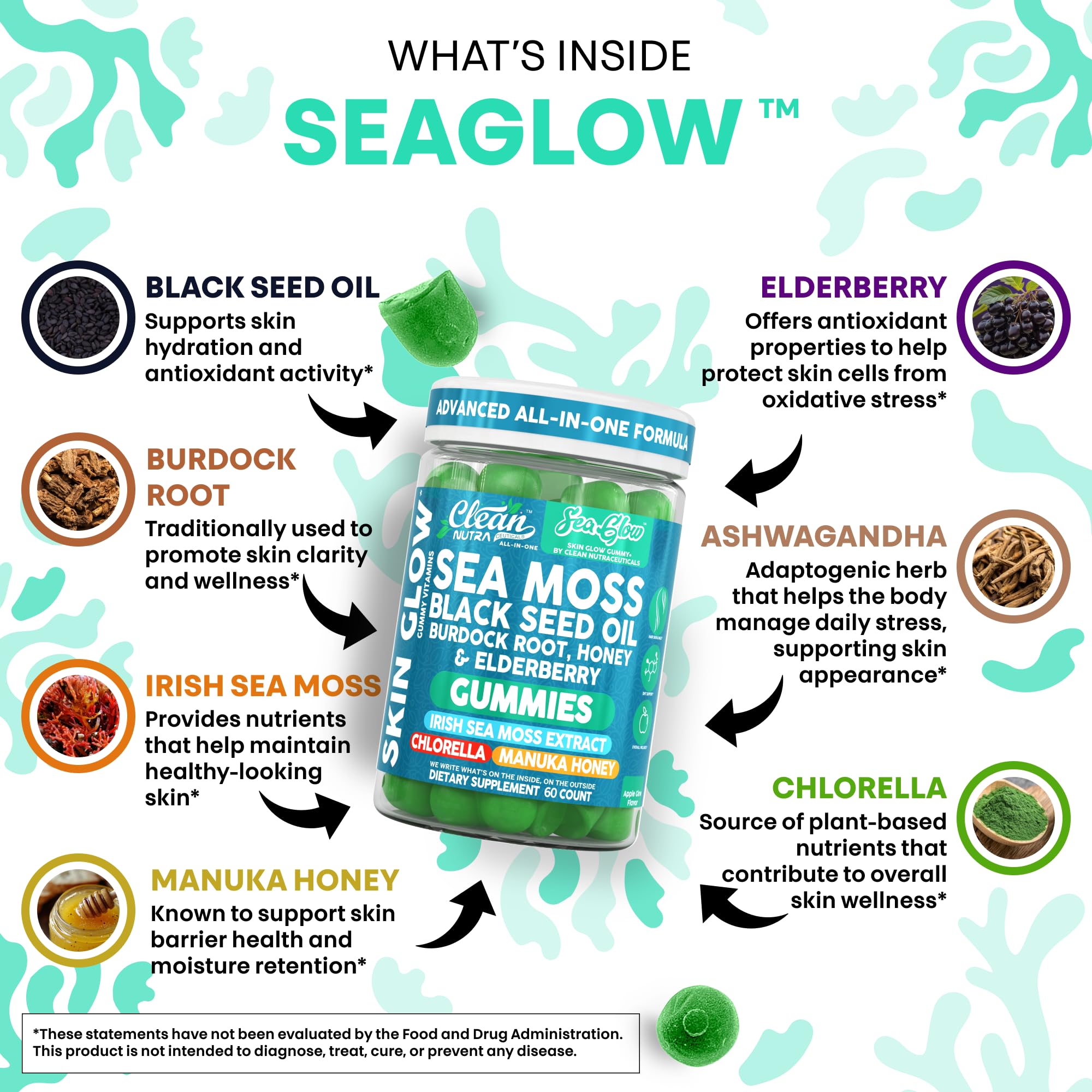Clean Nutra Sea Moss Gummies Black Seed Oil Chlorella Ashwagandha Root Hair Growth Skin Glow Irish Sea Moss Elderberry Burdock Manuka Honey Trace Minerals Detox 60 Gummy Vitamins Sea Glow Supplement Clean Nutraceuticals buy supplements canada