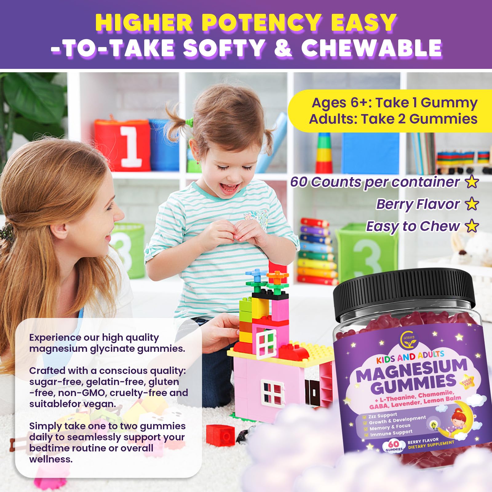 Magnesium Glycinate Gummies 400/200mg for Kids & Adults, NO Melatonin Sleep Aid Magnesium Supplement Gummies with Chamomile, Lavender, L-Theanine & GABA, B6, D3 & K2 for Bone, Relax, Immune Support GORNVB buy supplements canada
