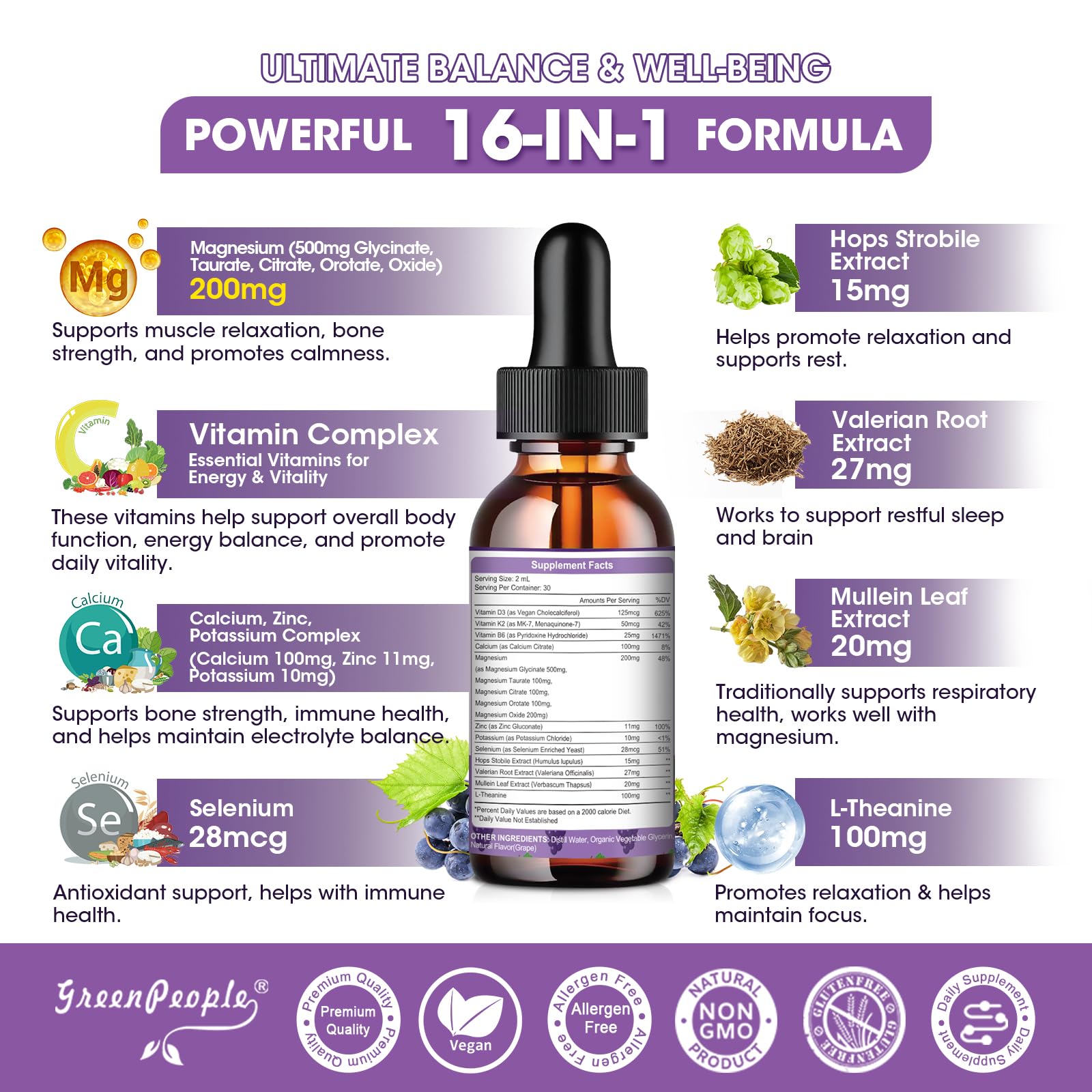 GREENPEOPLE Magnesium Glycinate Liquid Drops - 1000mg 5-in-1 High Absorption Liquid Magnesium for Sleep with D3/K2/B6 | Fast-Acting, Bone, Muscle & Sleep | Sugar-Free Grape Flavor, 2fl Oz GREENPEOPLE buy supplements canada