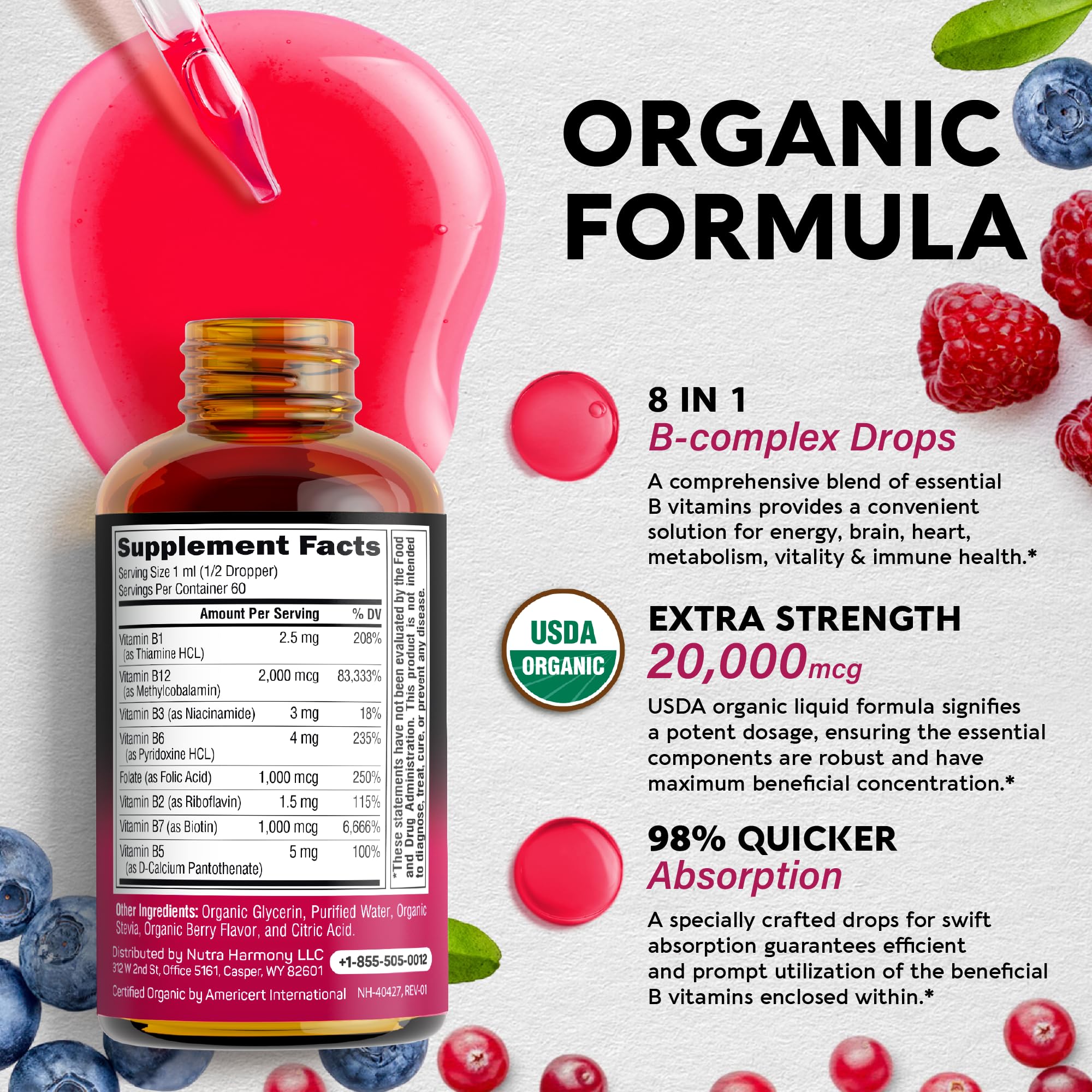 USDA Organic Vitamin B Complex Liquid Drops - 8-in-1 B Complex Vitamins: B1, B2, B3, B5 NUTRAHARMONY buy supplements canada
