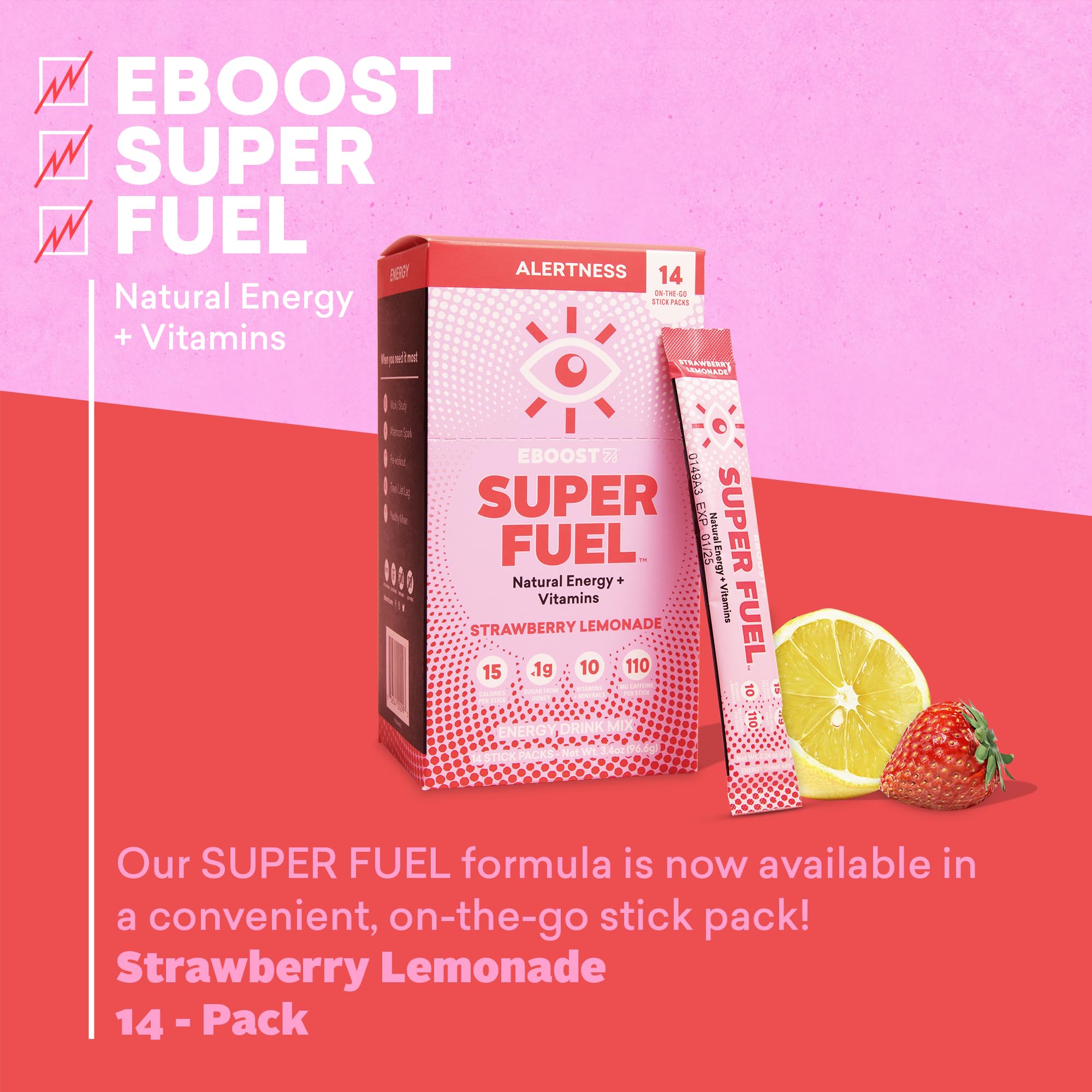EBOOST Energy Drink Powder, Super Fuel - Strawberry Lemonade, 14 Packets - Pre-Workout EBOOST buy supplements canada