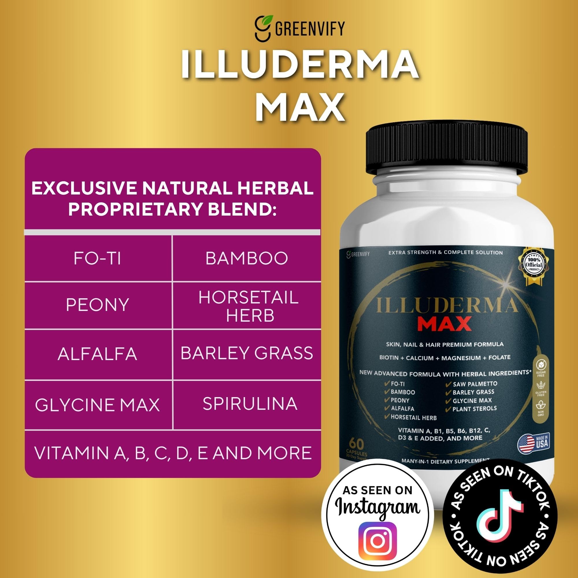 GREENVIFY Illuderma Max Hair, Skin and Nail Supplement, 60 Capsules, with Biotin 5000mcg, Vitamins and Herbal Blend (1) GREENVIFY buy supplements canada