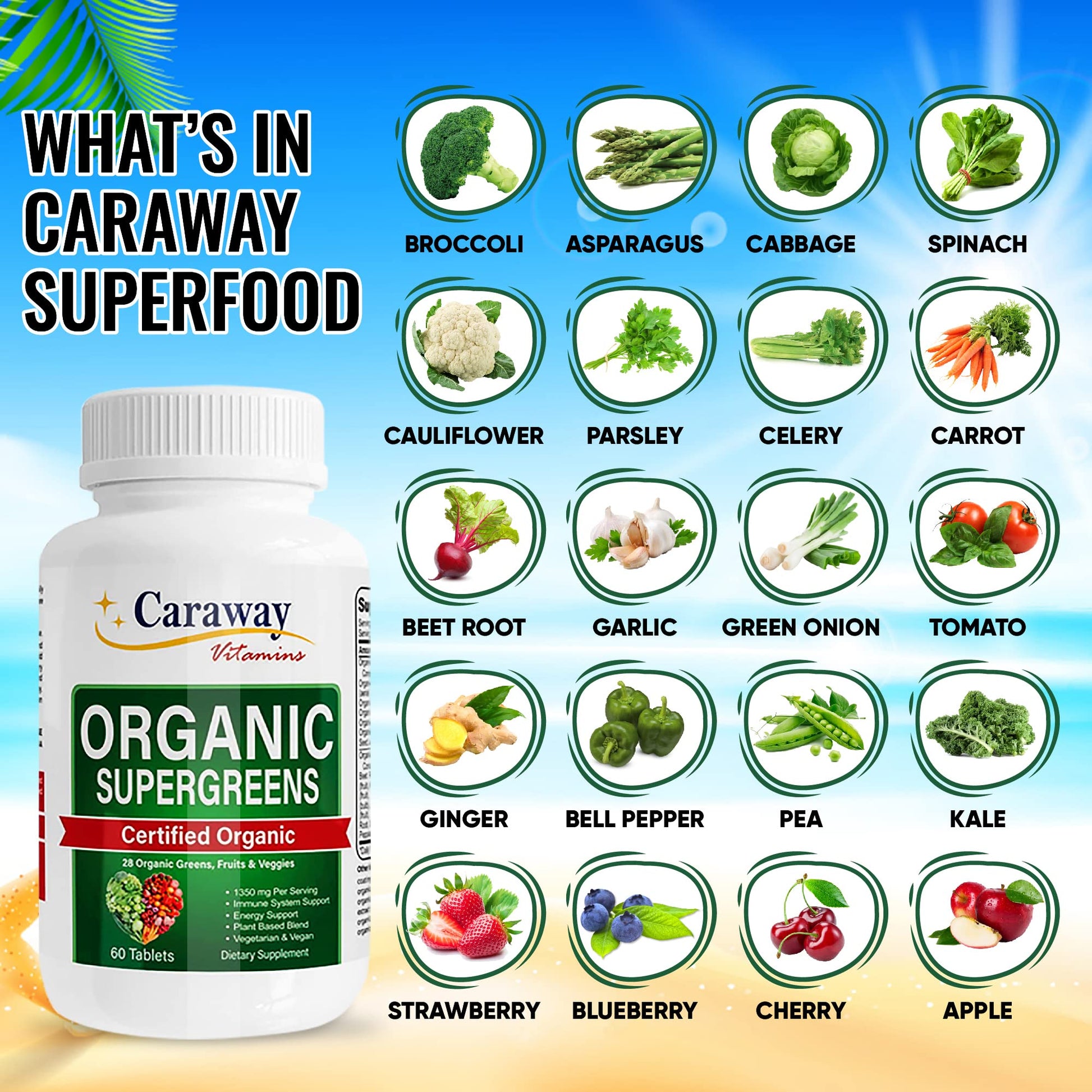 Organic Superfoods Vitamins Super Greens Complex by Caraway Vitamins 1,350 mg per Serving 28 Fruits Vegetables Greens 60 Count Tablets Non-GMO Natural for Men & Women Caraway Vitamins buy supplements canada