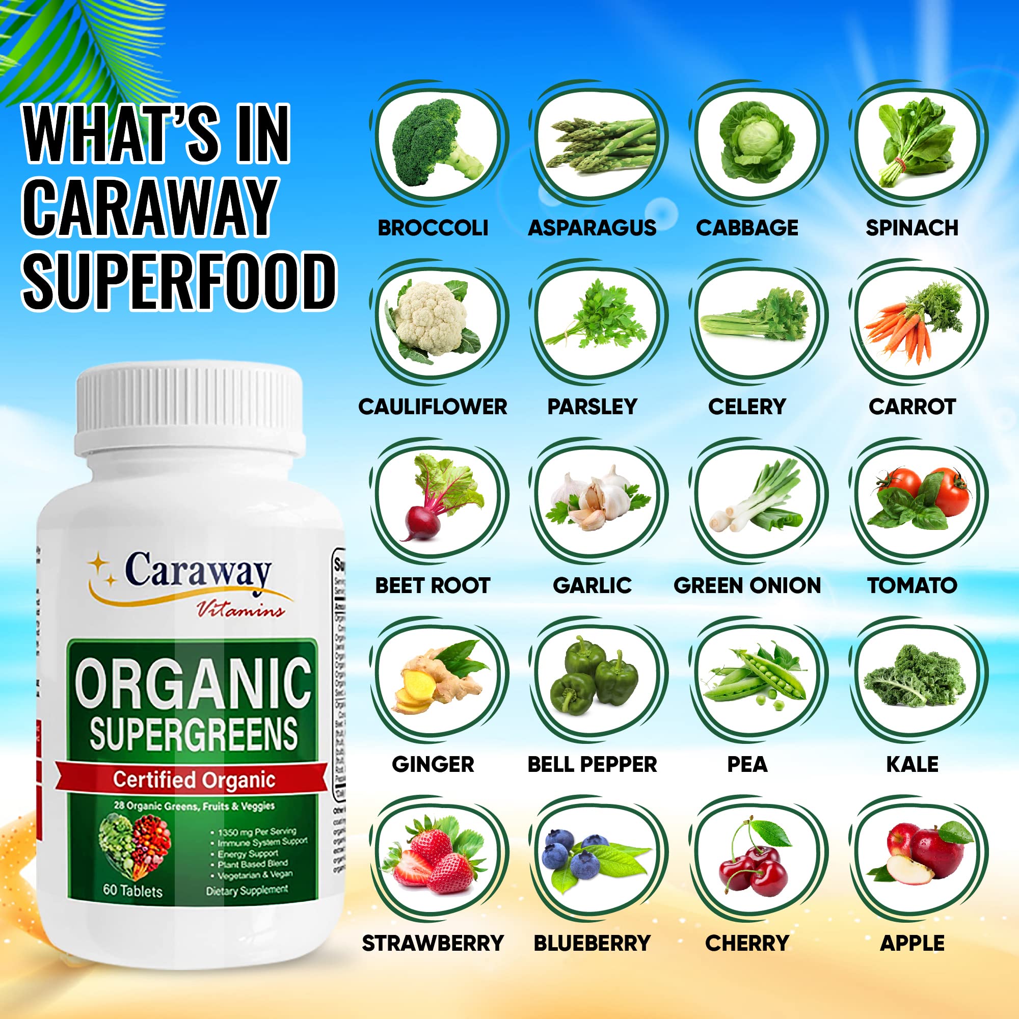 Organic Superfoods Vitamins Super Greens Complex by Caraway Vitamins 1,350 mg per Serving 28 Fruits Vegetables Greens 60 Count Tablets Non-GMO Natural for Men & Women Caraway Vitamins buy supplements canada