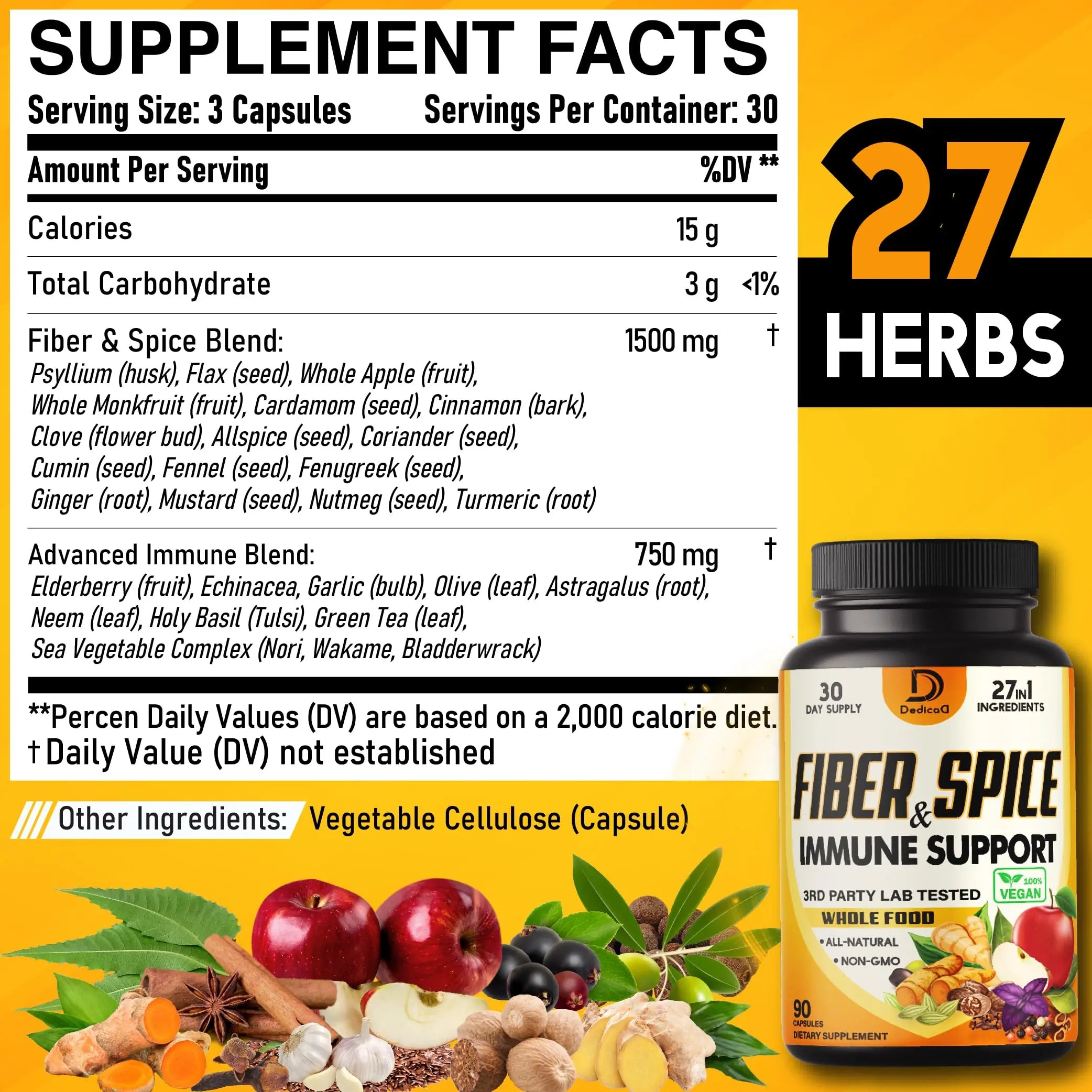 DEDICAD 27in1 Fiber and Spice Supplement - Combined with Organic Psyllium, Whole Apple, Elderberry & More - Support Mood, Body & Immunity - 90 Capsules for 1 Month DEDICAD buy supplements canada