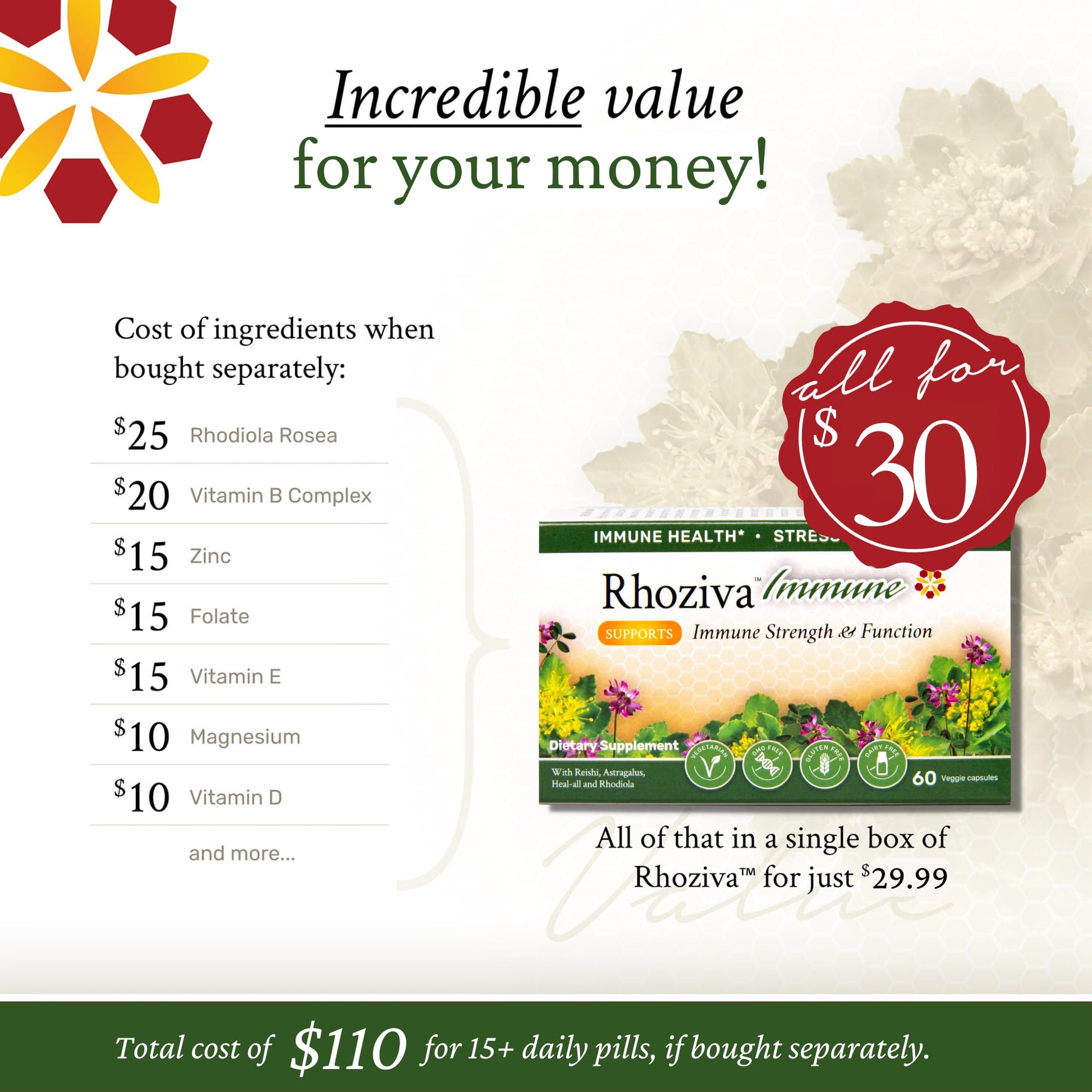 Immune Support, Energy Booster with Vitamin C, D3 and Zinc Supplement, Rhodiola Rosea, Reishi Mushroom Extract, Astragalus, Overall Wellness and Daily Habit - 60 Capsules Rhoziva buy supplements canada