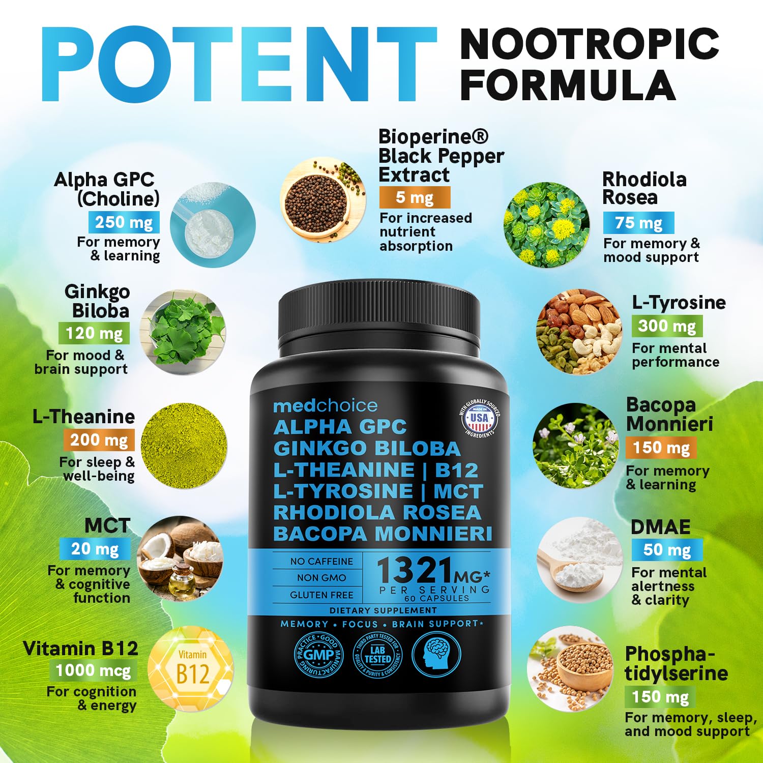 12-in-1 Nootropic Brain Supplement Anhydrous: Ginkgo Biloba for Brain Support, Memory and Focus - B12, Alpha GPC, L Theanine and Choline Supplements with Bioperine Non Caffeinated 1321mg (60ct) MEDCHOICE buy supplements canada