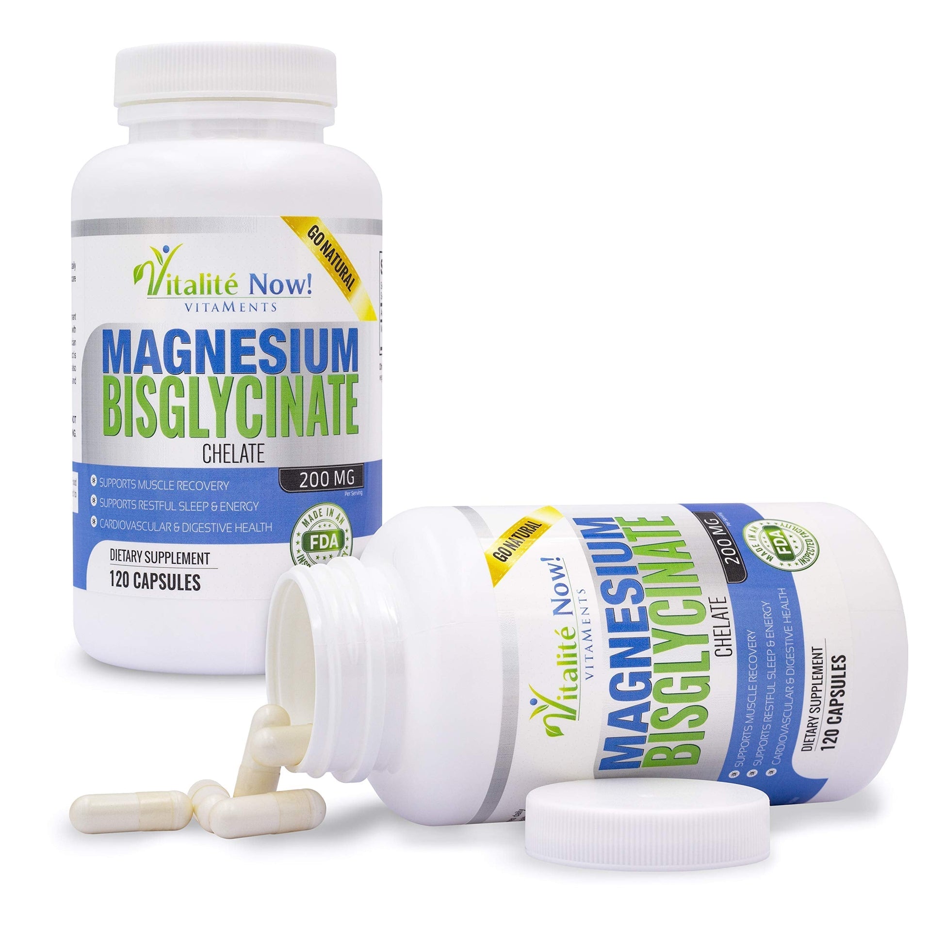 Vitalité Now! Magnesium Bisglycinate 200mg - 100% Chelated Capsules for Superior Absorption - Gentle Formula, No Laxative Effect - Sleep Energy Cramps Muscle Support - Fully Reacted & Buffered Vitalité Now! buy supplements canada