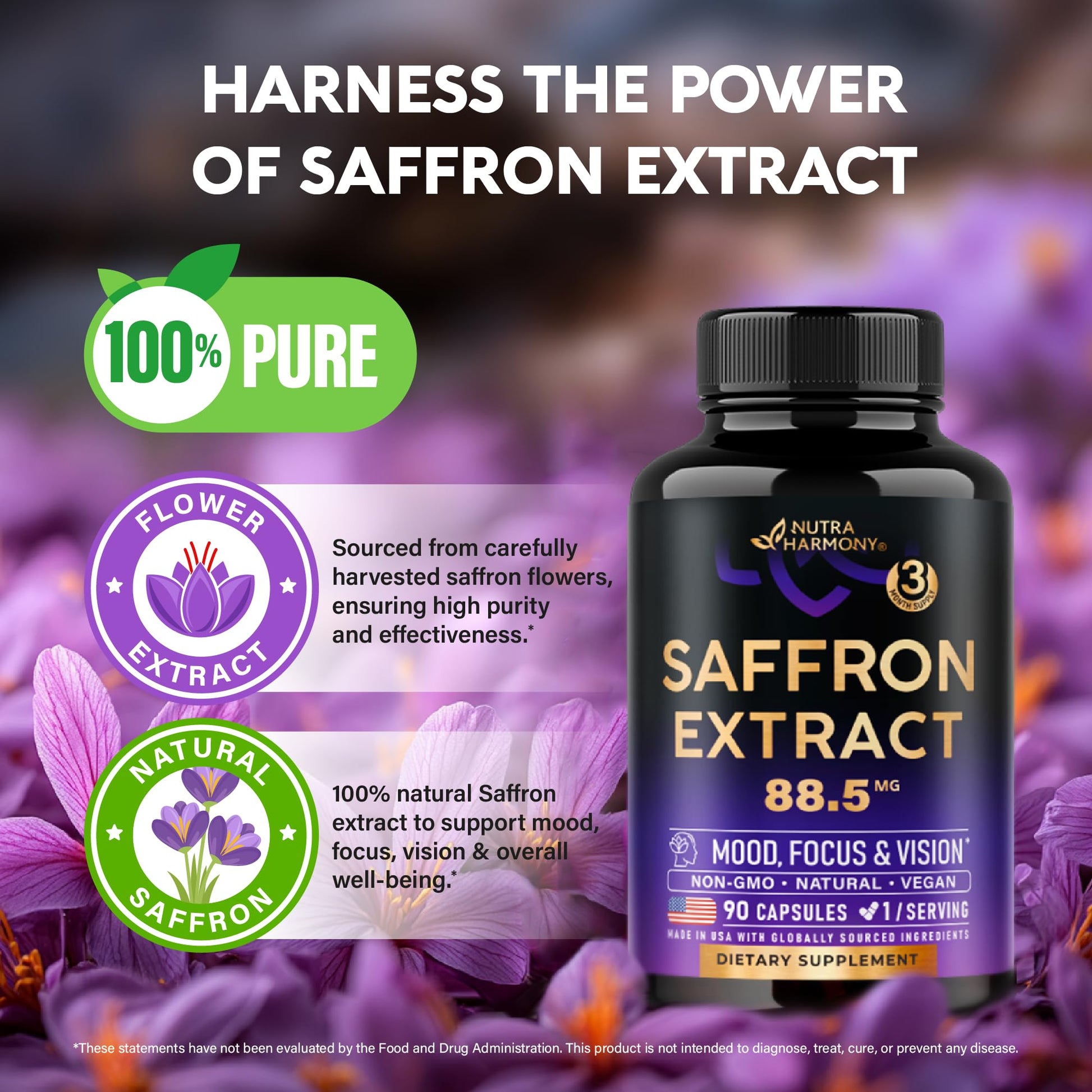 Natural Saffron Supplements - Pure Saffron Extract 88.5 mg - Made in USA - Mood | Focus | Vision | Energy Support - Eye Health for Women & Men - NonGMO Vegan Pills - 90 Powder Capsules, 3 Month Supply NUTRAHARMONY buy supplements canada