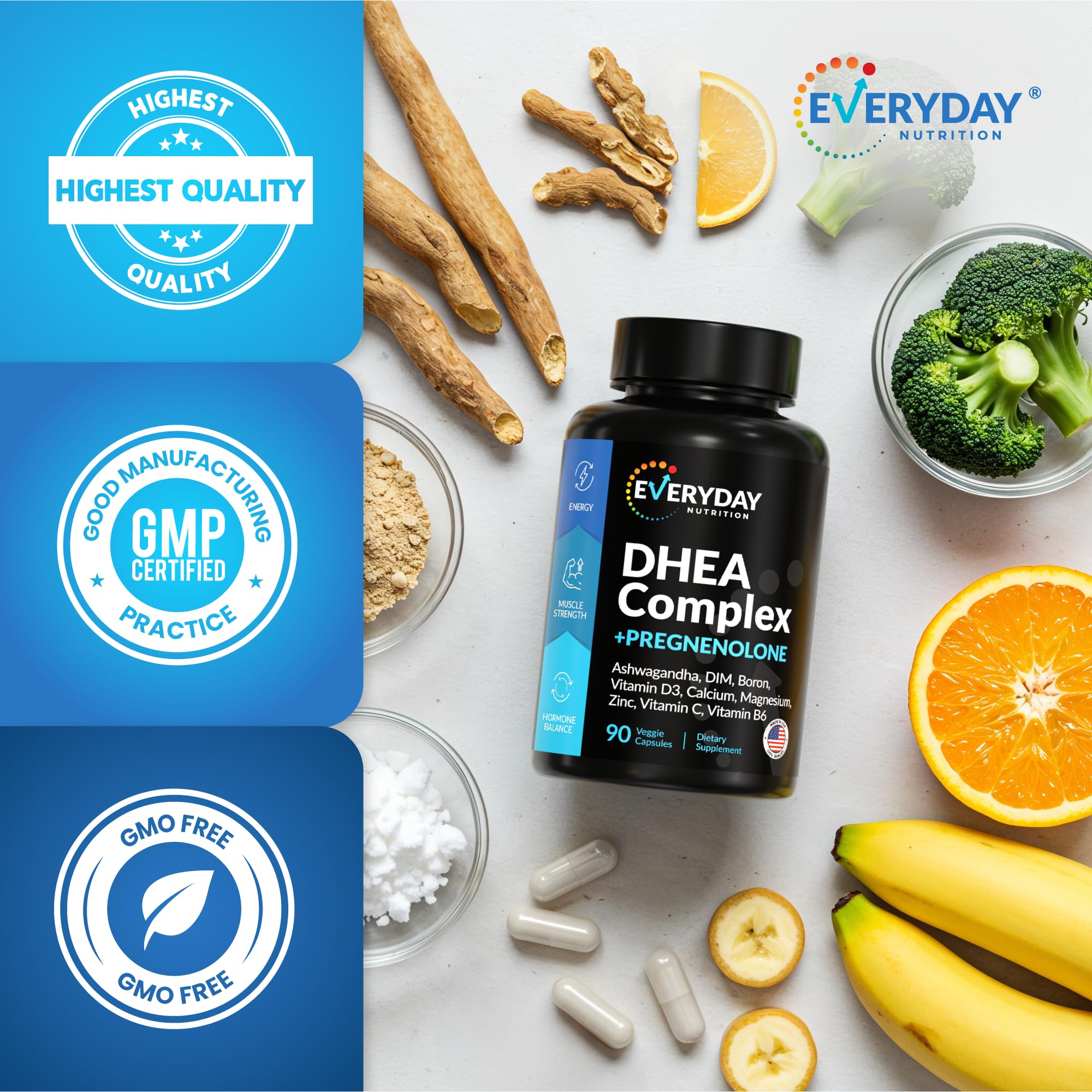 DHEA Micronized 200mg Complex with Pregnenolone 100mg Supplement for Men & Women with Ashwagandha, DIM, Magnesium, Boron, Calcium , Zinc, Vitamin D3, C and B6 Hormone Support - Made in USA 90 Capsules EVERYDAY NUTRITION buy supplements canada
