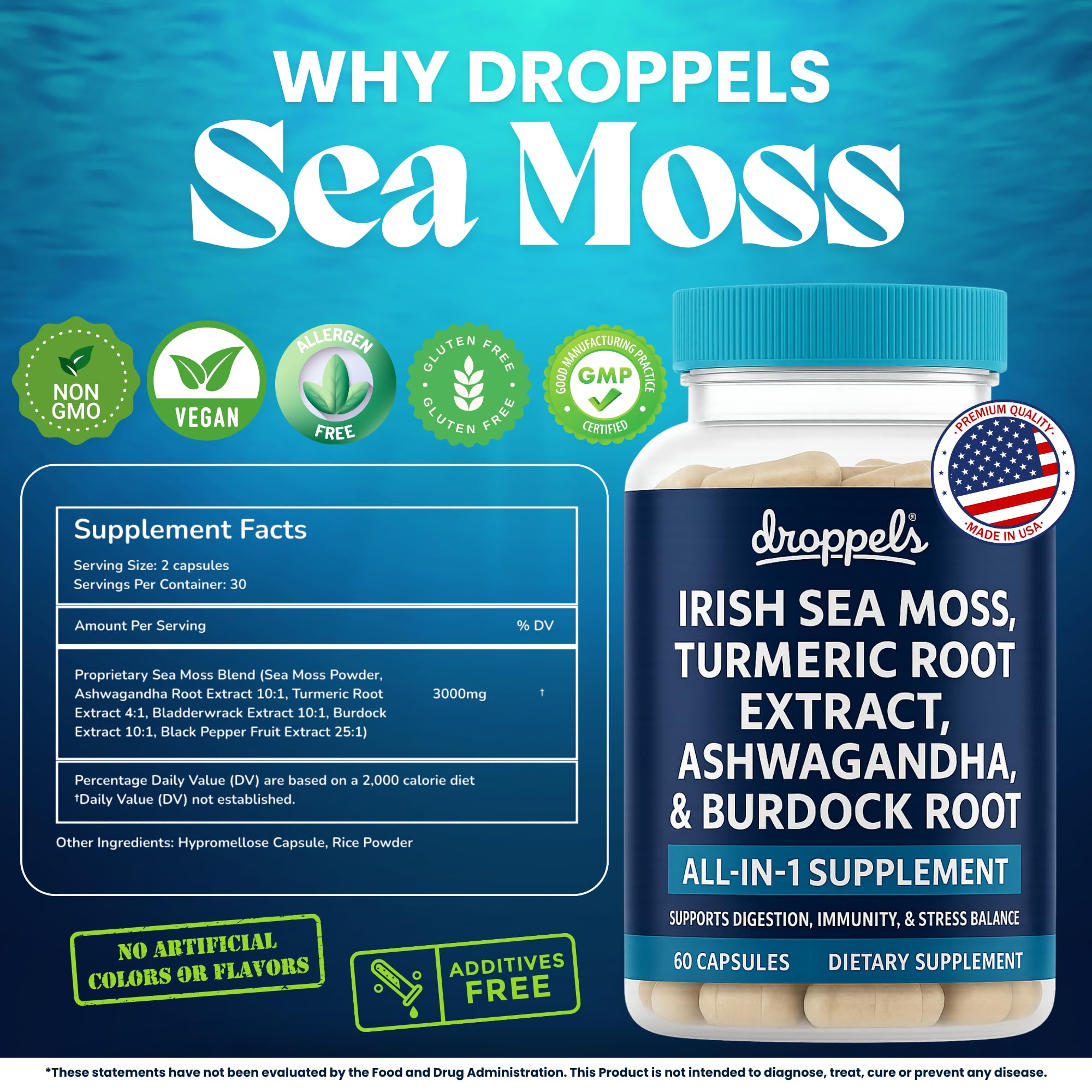 Droppels Irish Sea Moss Capsules with Turmeric Root, Ashwagandha, Black Pepper & Burdock Root – Natural Mineral Blend for Immune, Digestion, Joint & Energy Support – Vegan, Non-GMO – 60 Capsules Droppels buy supplements canada