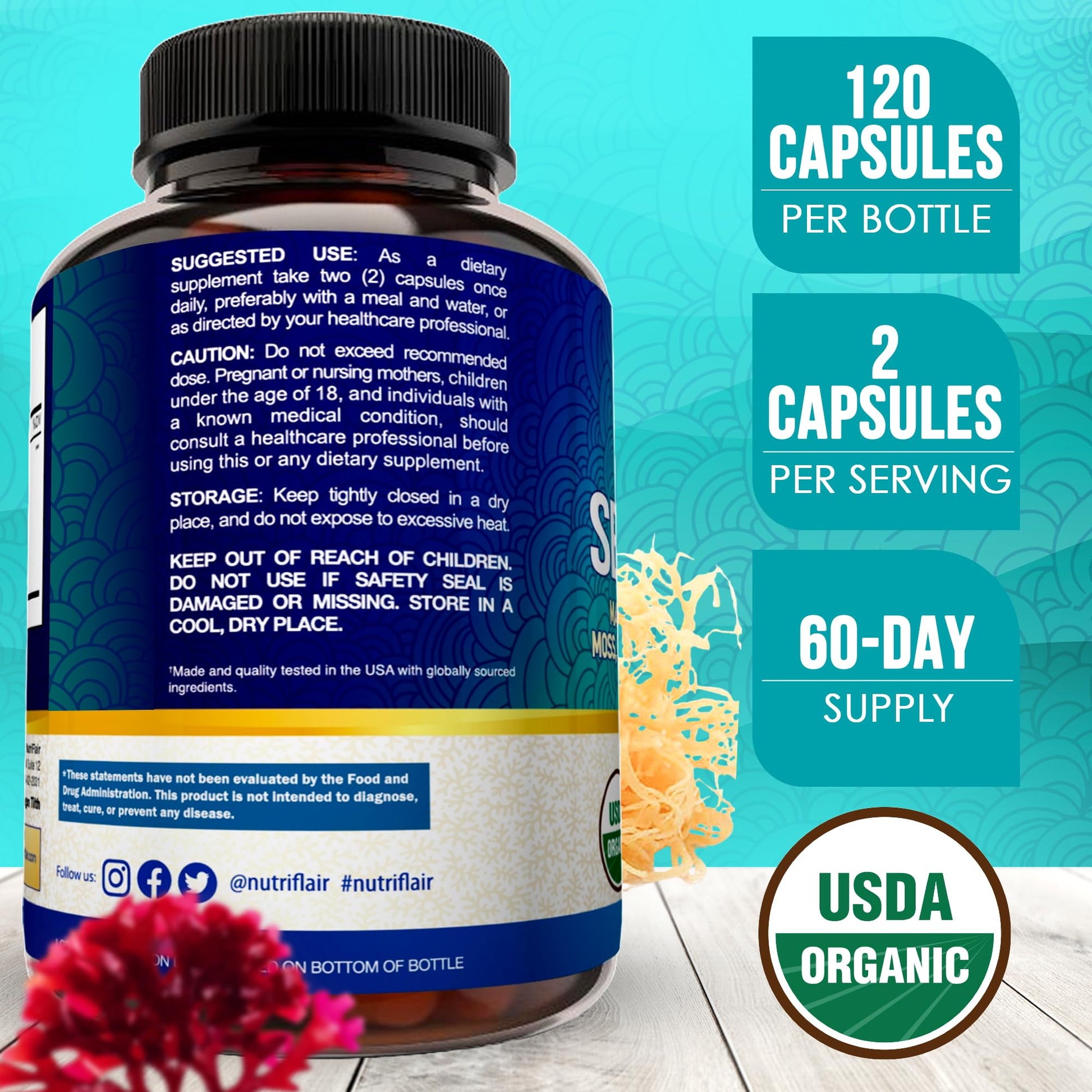 NutriFlair Organic Sea Moss 1600mg, 120 Capsules Plus Bladderwrack & Burdock - Prebiotic Super Food - Immune System & Digestive Health - Thyroid, Healthy Skin, Keto Detox, Gut NutriFlair buy supplements canada