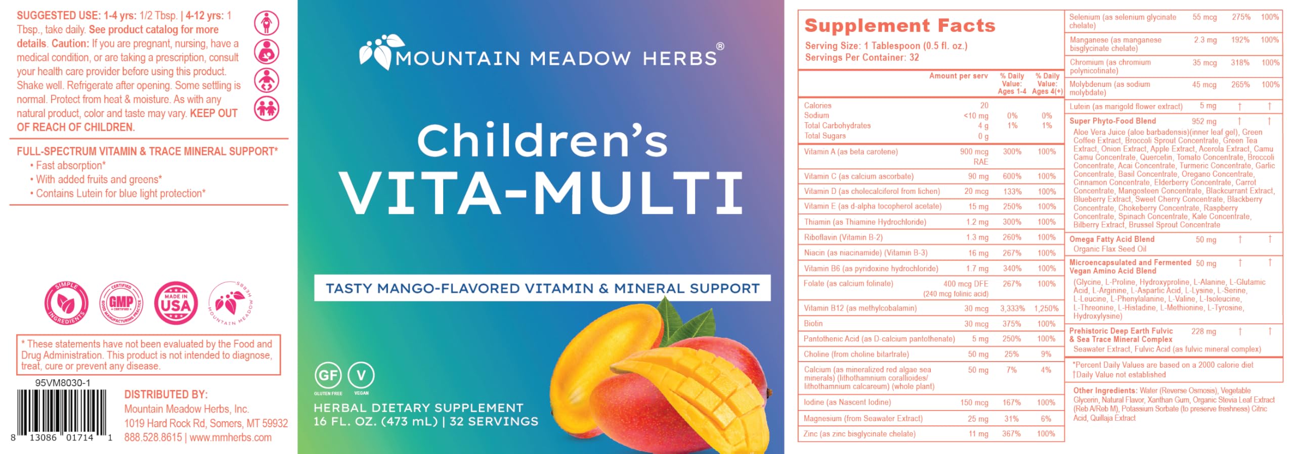 Mountain Meadow Herbs Children's Vita-Multi: Blended Vitamin & Mineral Supplement - Fast Absorbing Liquid Kids Vitamins with Fruits, Greens, and Eye-Protecting Lutein (16 oz.) Mountain Meadow Herbs buy supplements canada
