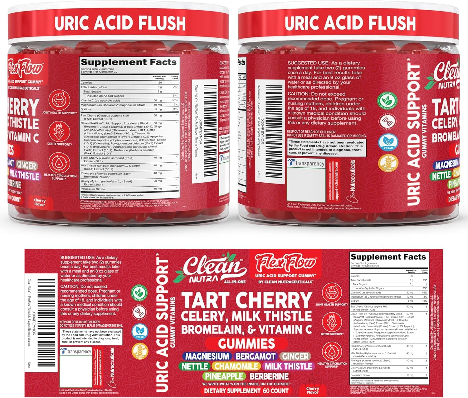 Clean Nutra Tart Cherry Gummies Uric Acid Flush Celery Milk Thistle Bromelain Vitamin C Magnesium Citrus Bergamot Ginger Stinging Nettle Leaf Chamomile Berberine Quercetin Support 60 Gummy Vitamins Clean Nutraceuticals buy supplements canada