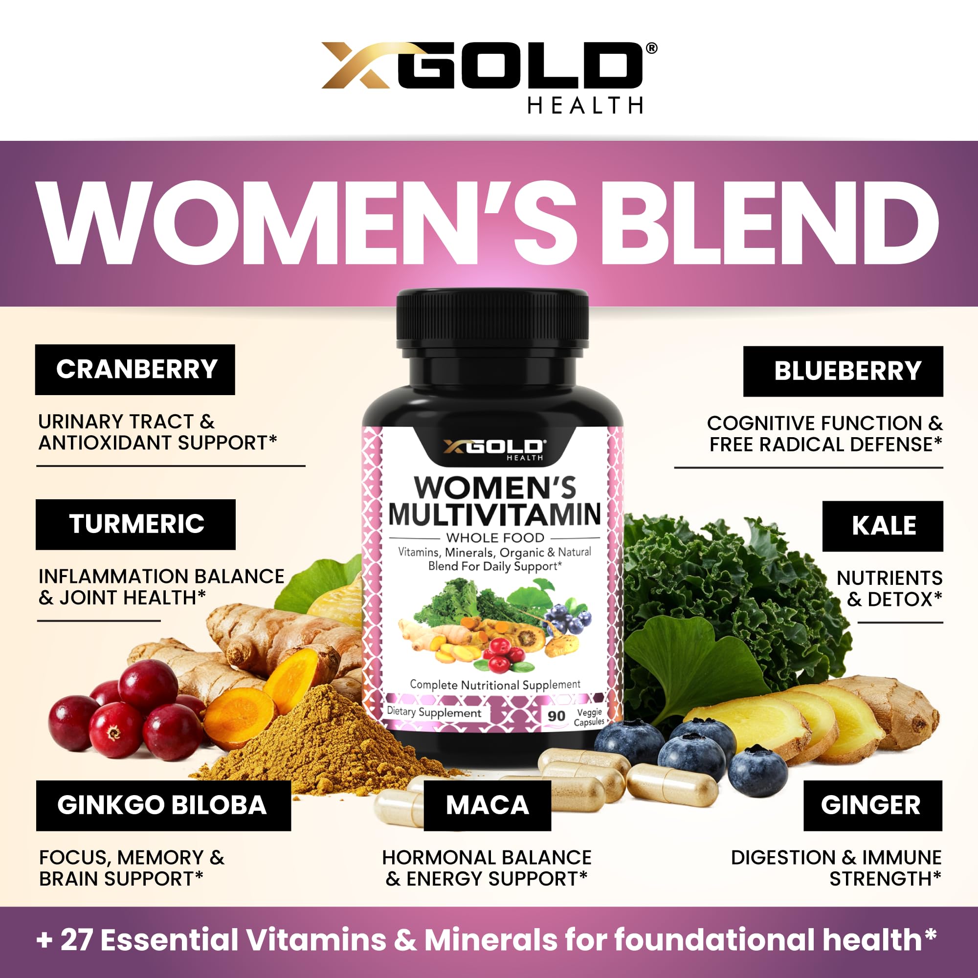 Vegan Women's Daily Multivitamin 50 Plus with Organic WholeFood Based Natural Ingredients, Ginger, Maca, Multi-Vitamin B Complex & More X Gold Health buy supplements canada