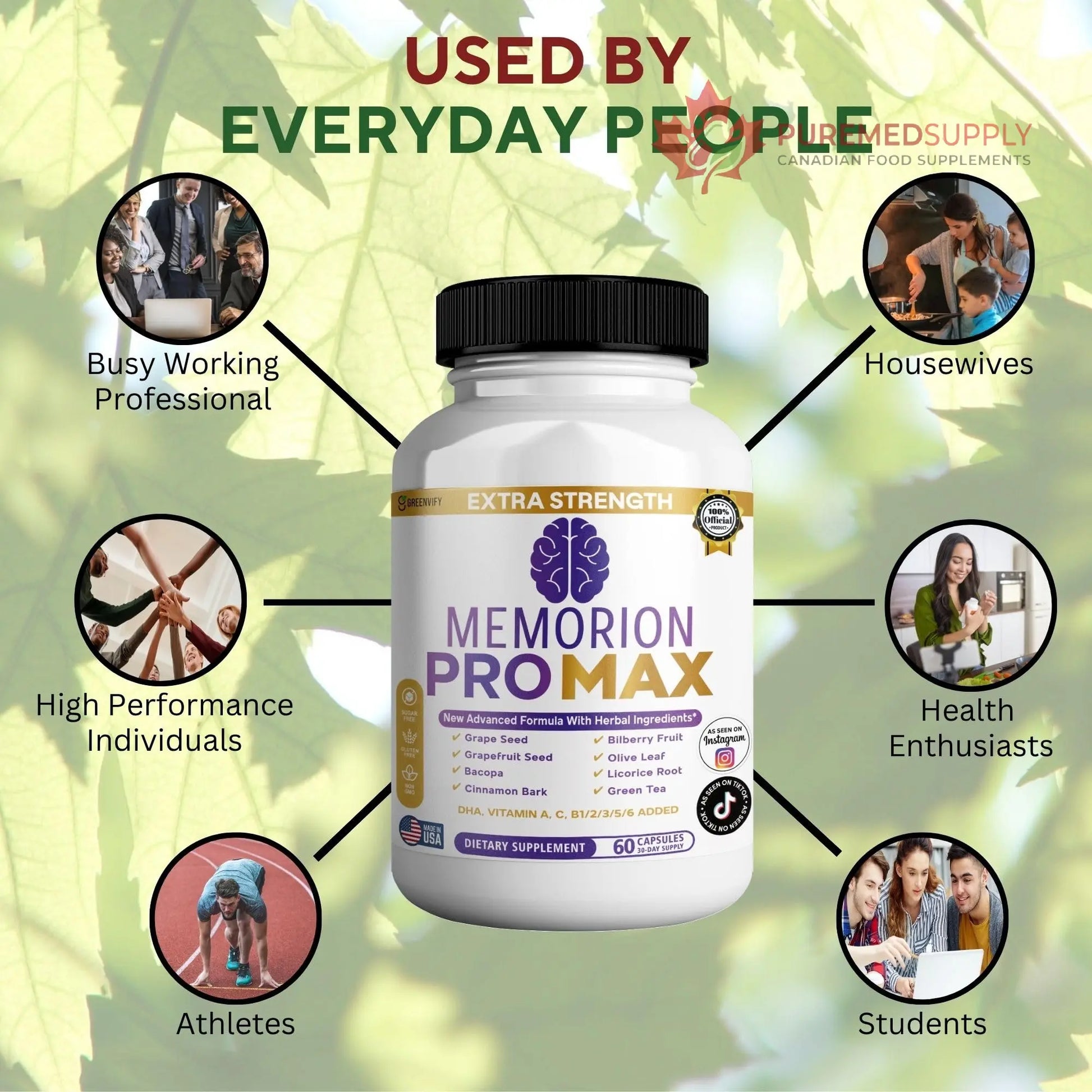 GREENVIFY Memorion Pro Max Extra Strength Brain Support Supplement, 60 Capsules, with DHA, Vitamins, Herbal Blend, 30-Day Supply (1) GREENVIFY buy supplements canada