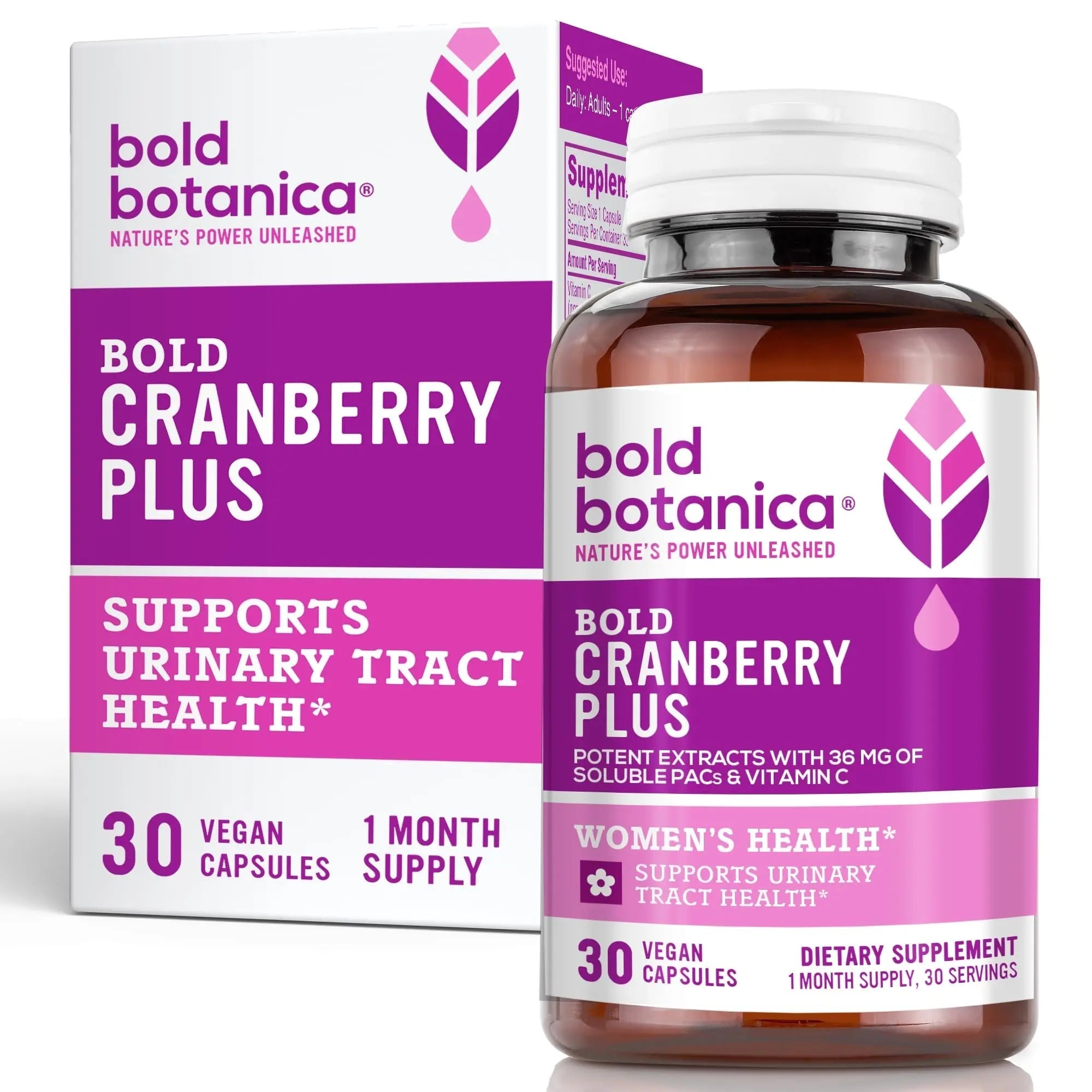 Bold Cranberry Plus Capsules - 100% Soluble 36mg PACs - Cranberry Pills for Women & Men with Urinary Tract Support, Non-GMO Vitamin C — 30 Vegan Capsules, 1 Month Supply Bold Botanica buy supplements canada