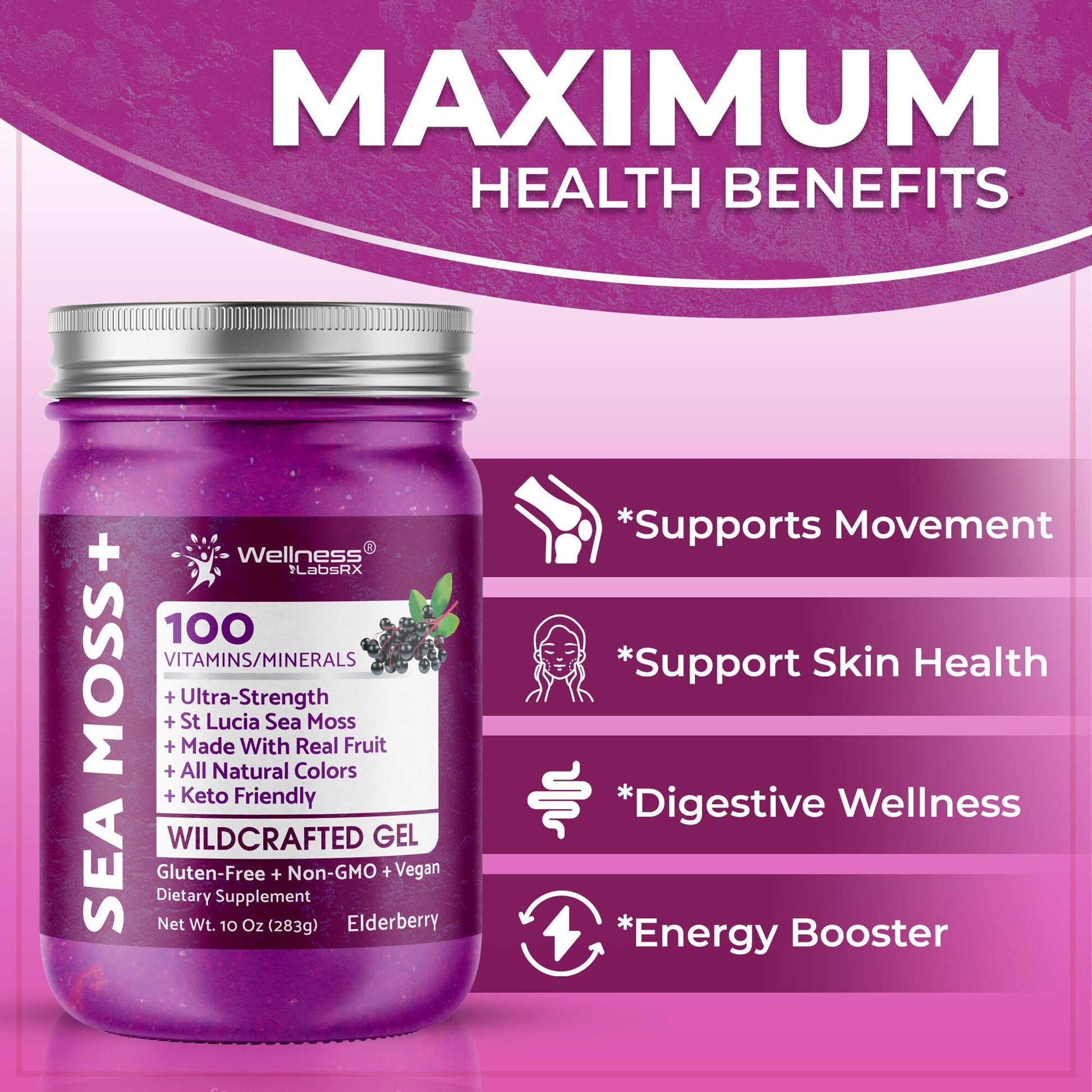WELLNESS LABSRX Irish Sea Moss Gel Raw - Wildcrafted Superfood Seamoss Gel - Elderberry Flavor, Vitamin and Mineral-Rich from Pristine Caribbean Waters, Immune and Digestive Health Support - 10 oz. WELLNESS LABSRX buy supplements canada
